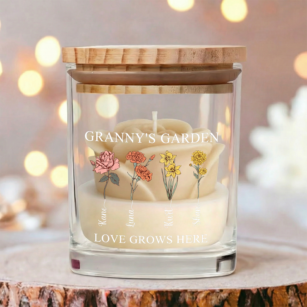 Personalized Birth Flower Soy Wax Candle – Custom Kids’ Names Gift for Mom, Mother’s Day Special