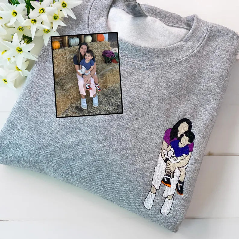 Custom Mama,Mom Portrait Embroidered T-shirt Sweatshirt