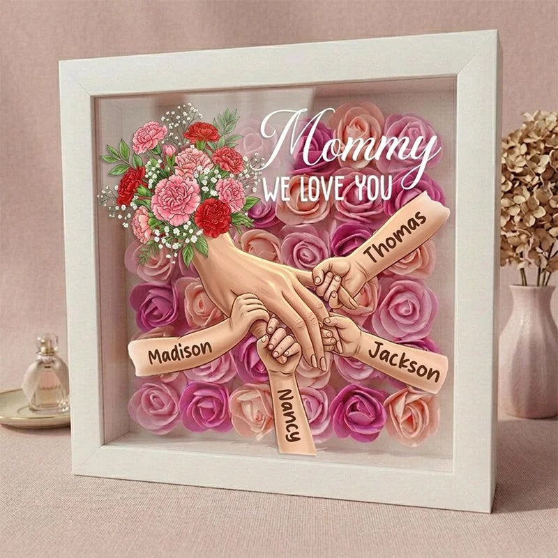 Carnation Personalized Mom Holding Hands Memorial Shadow Box – Custom Name Remembrance Frame, Mother’s Day In Loving Memory Gift