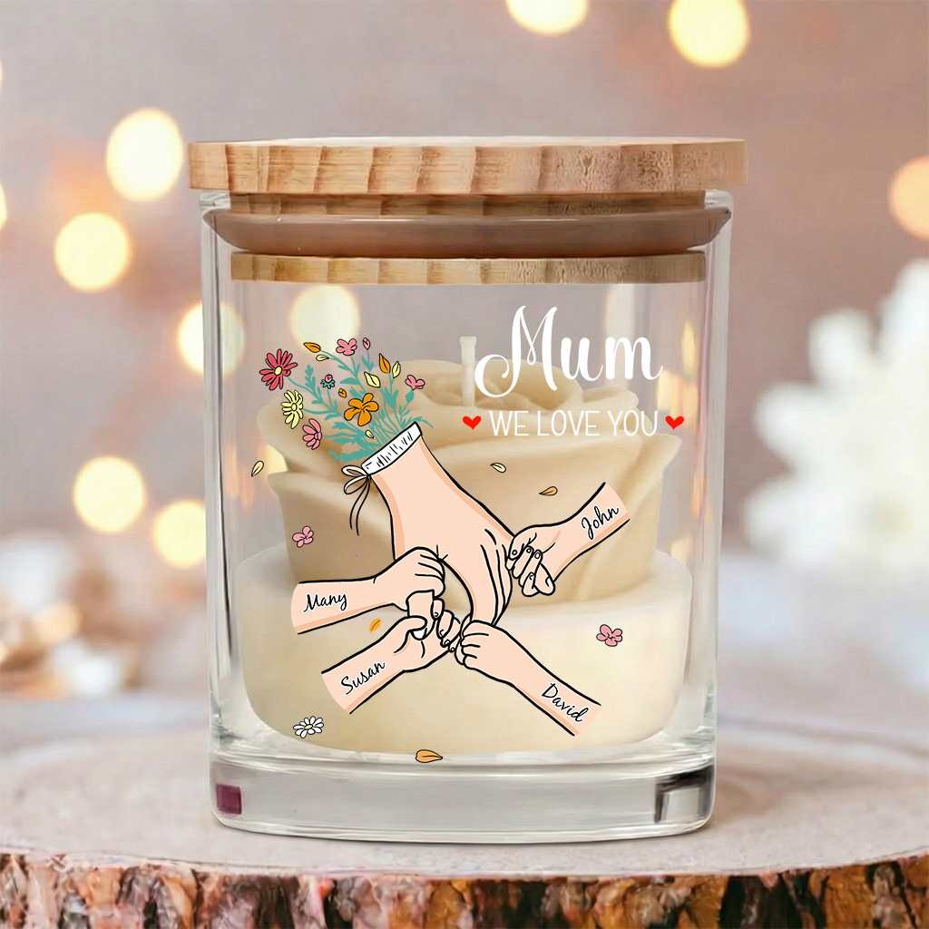 Personalized Floral Soy Wax Candle – Family Hands Design Gift for Mom, Mother’s Day Special