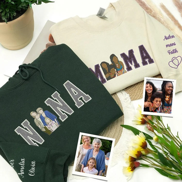 A Glittering Gift for Grandma, Personalized Portrait Sweatshirt with Embroidered Family Photo & Sparkle