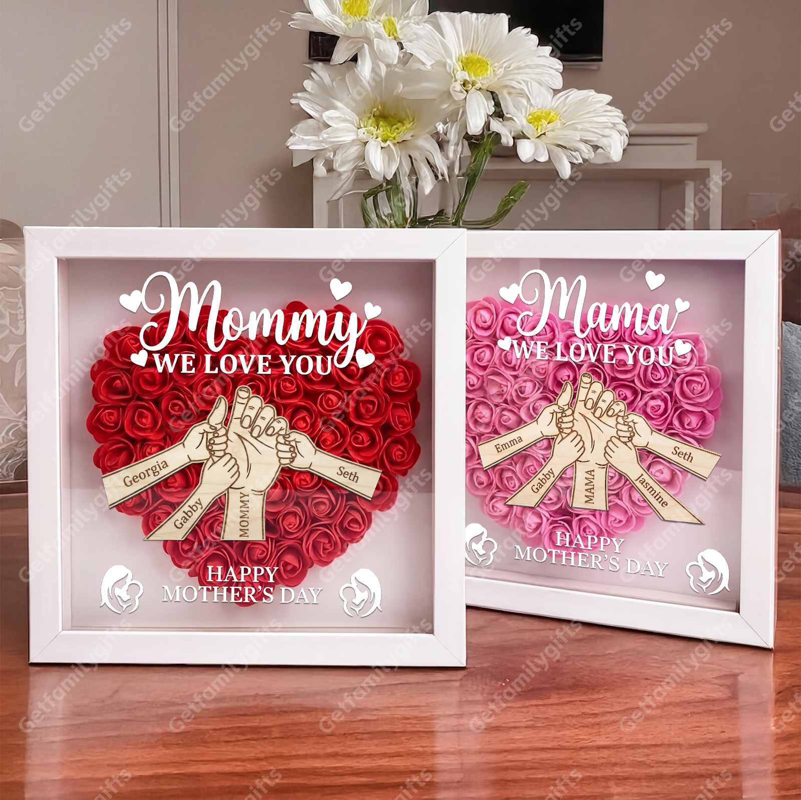 Personalized Mom Hand-in-Hand Shadow Box – Wooden 3D Heart Flower Frame With Kids Names