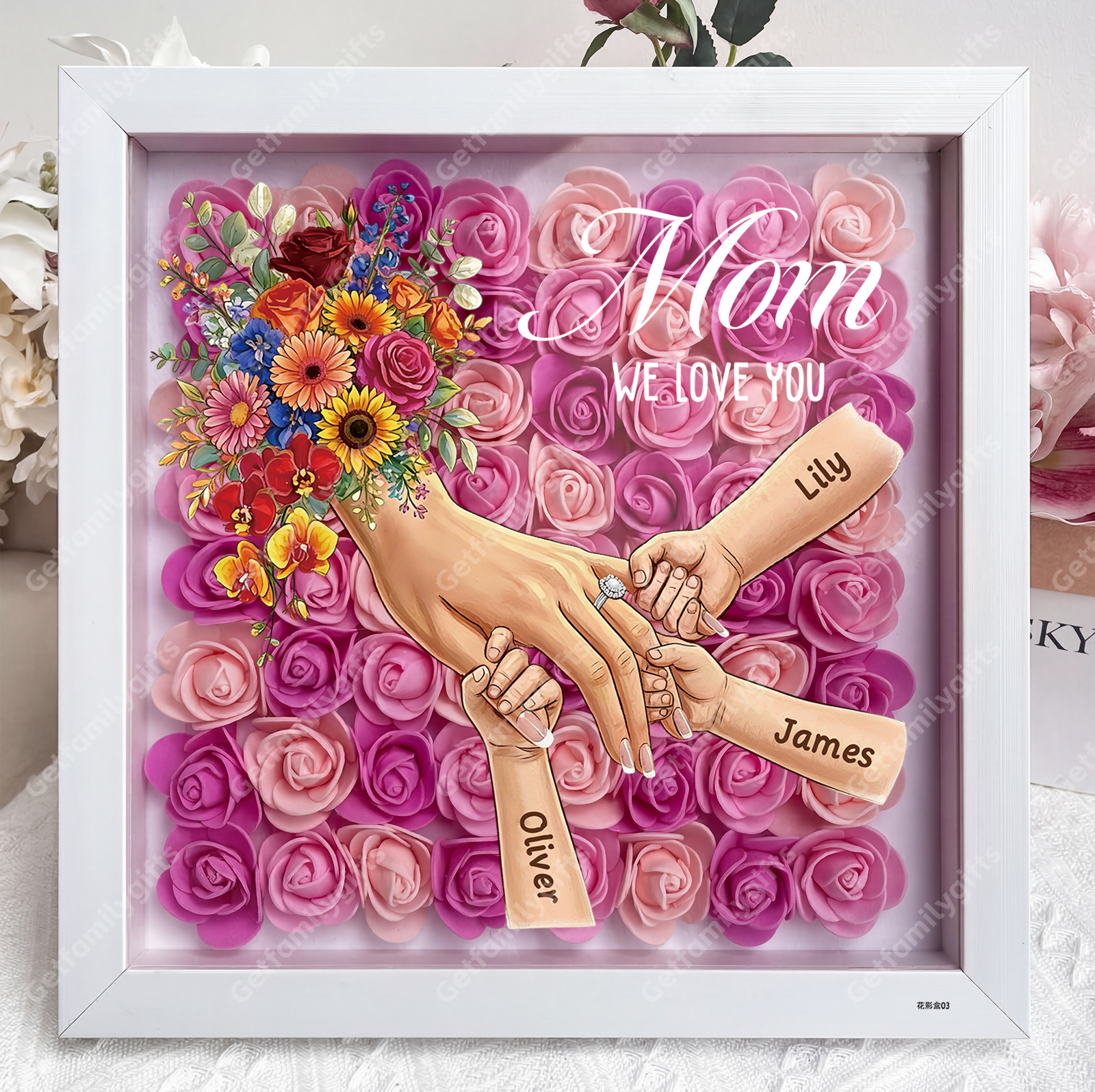 Personalized Mommy Holding Hands Shadow Box with Ring & Manicure – Custom Kids Names Floral Heart Frame, Premium Mother’s Day Gift