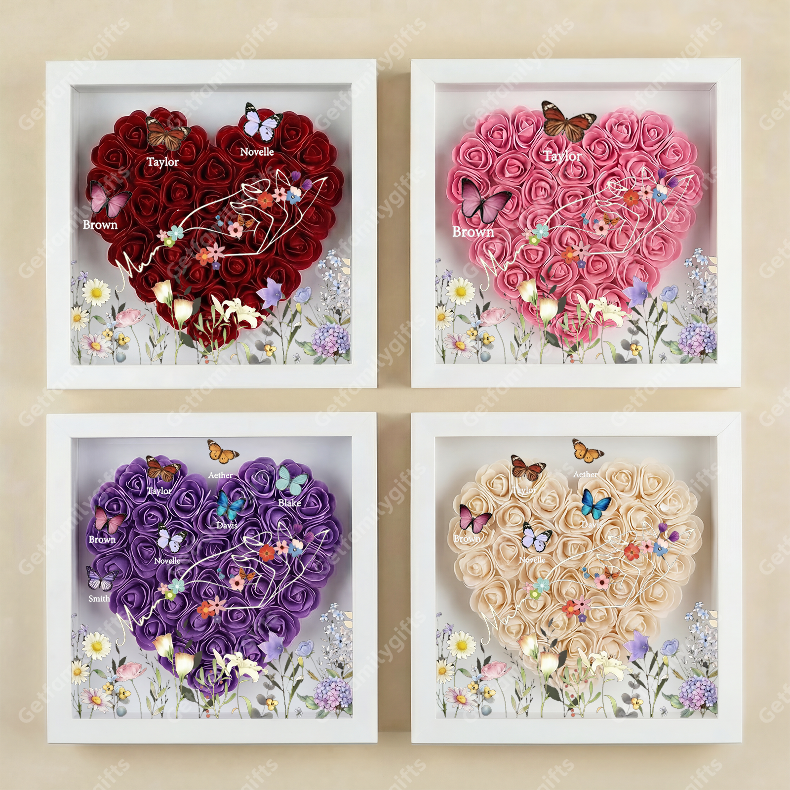 Custom flower shadow box with butterfly kid names-gift for mother's day