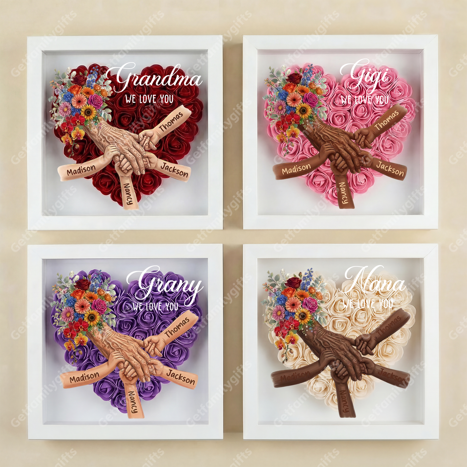 Personalized Grandma Hand Holding Shadow Box – Custom Names Rose Heart Frame for Nana | Mother’s Day Gift from Grandkids