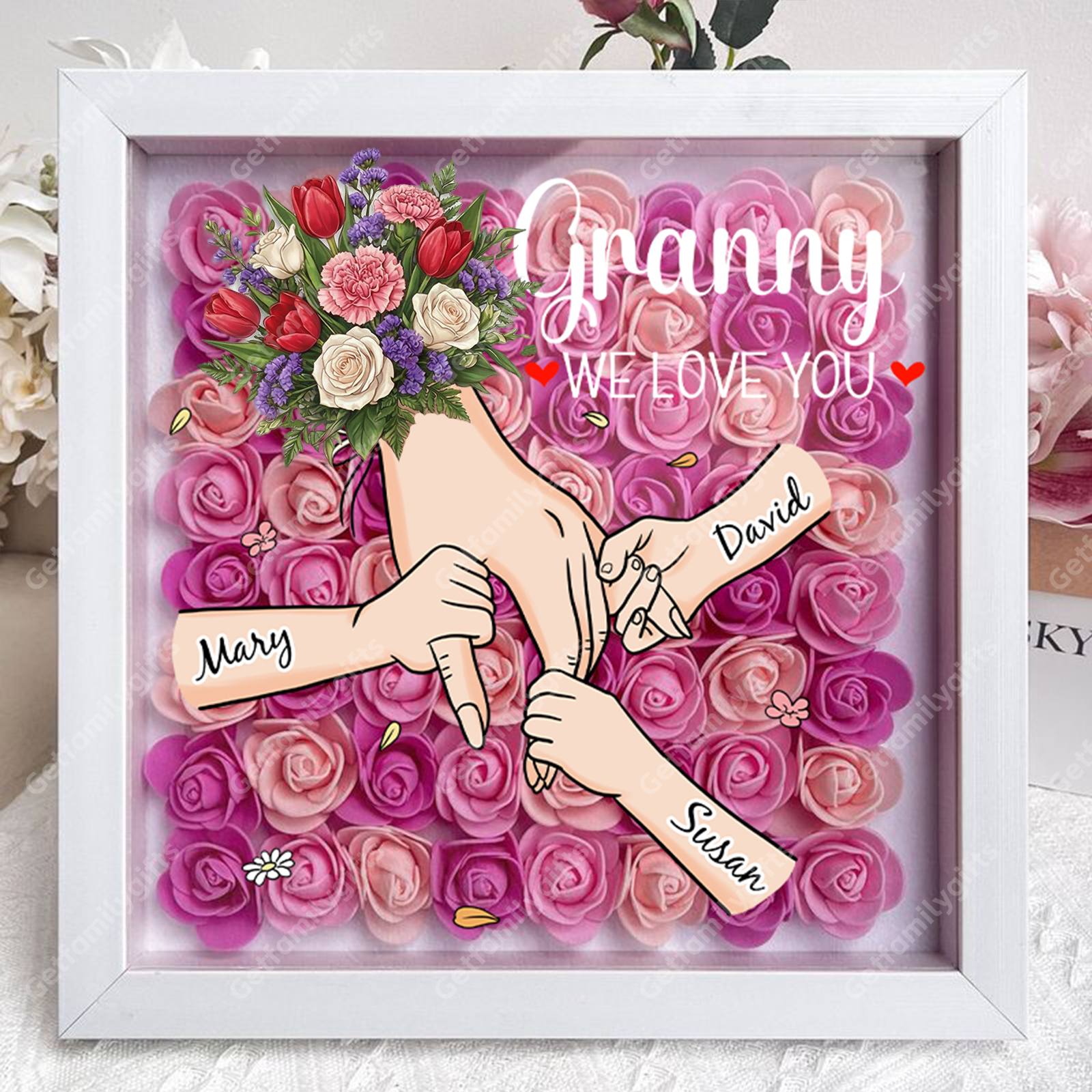 Custom Floral Hand Flower Shadow Box – Holding Hands Frame with Choice of Bouquet, Mother’s Day Gift