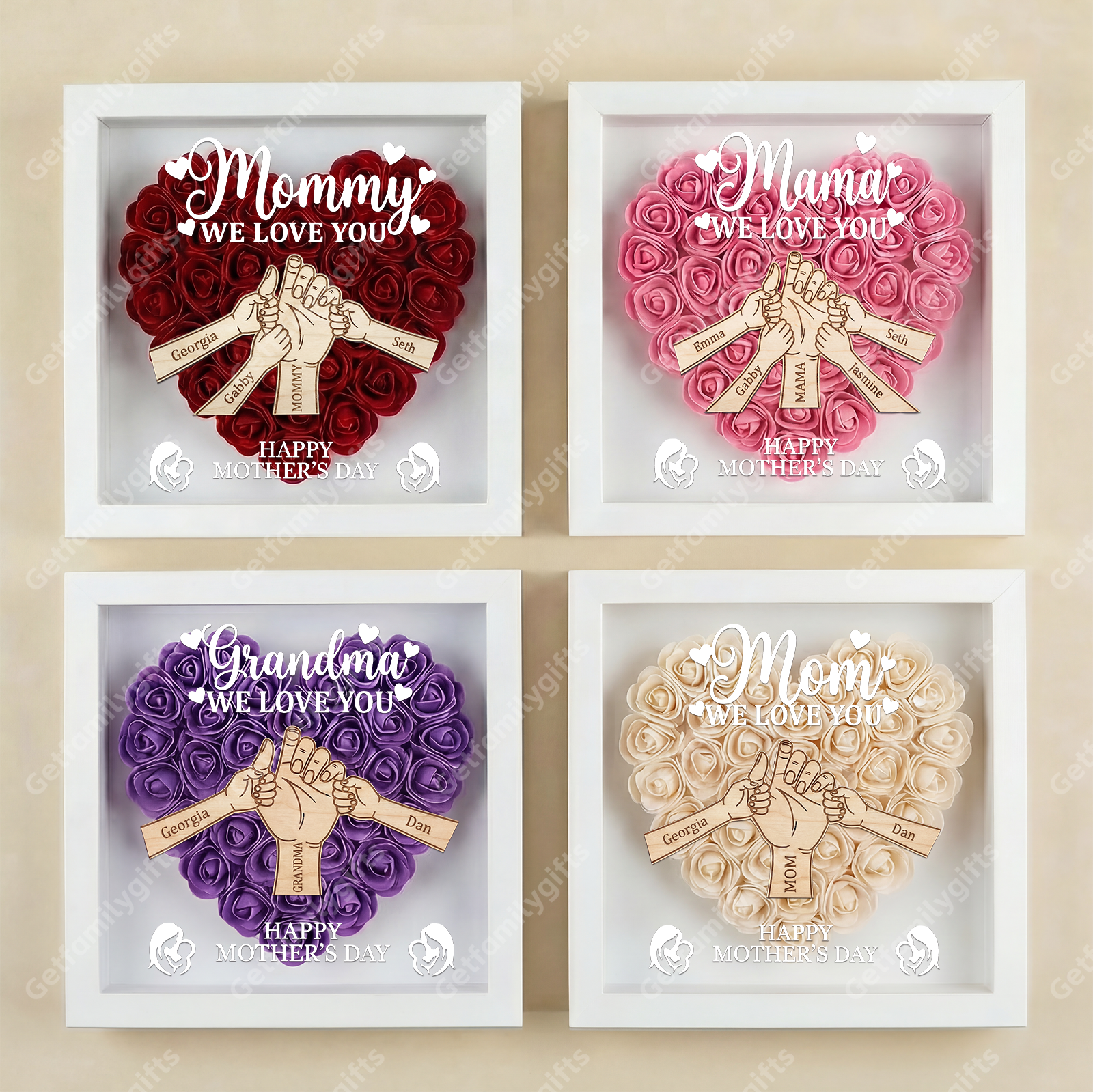 Personalized Mom Hand-in-Hand Shadow Box – Wooden 3D Heart Flower Frame With Kids Names