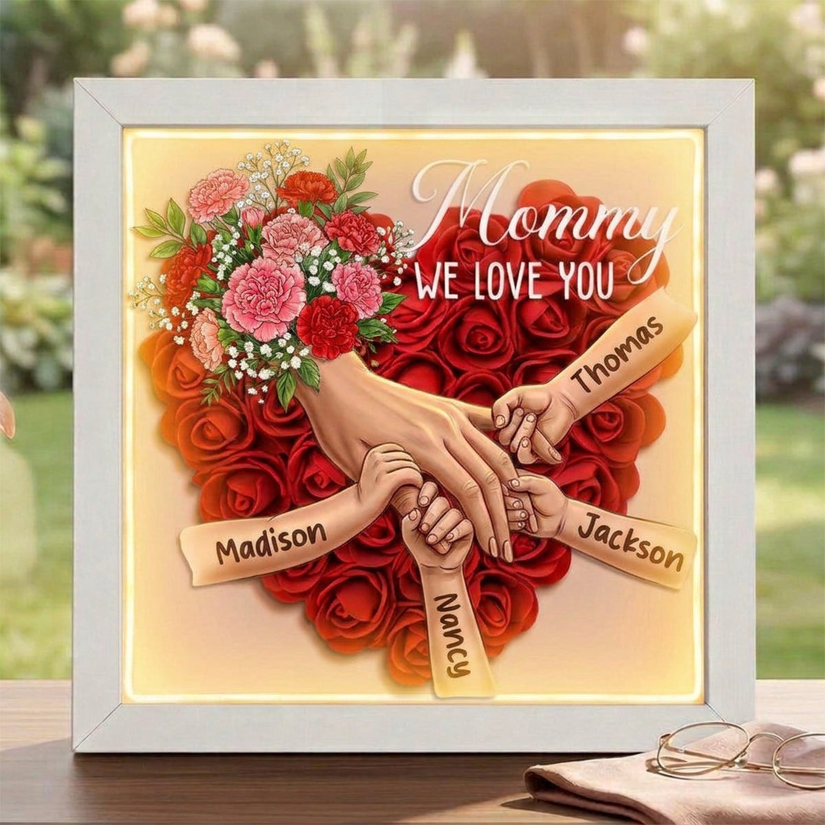 Carnation Personalized Mom Holding Hands Memorial Shadow Box – Custom Name Remembrance Frame, Mother’s Day In Loving Memory Gift