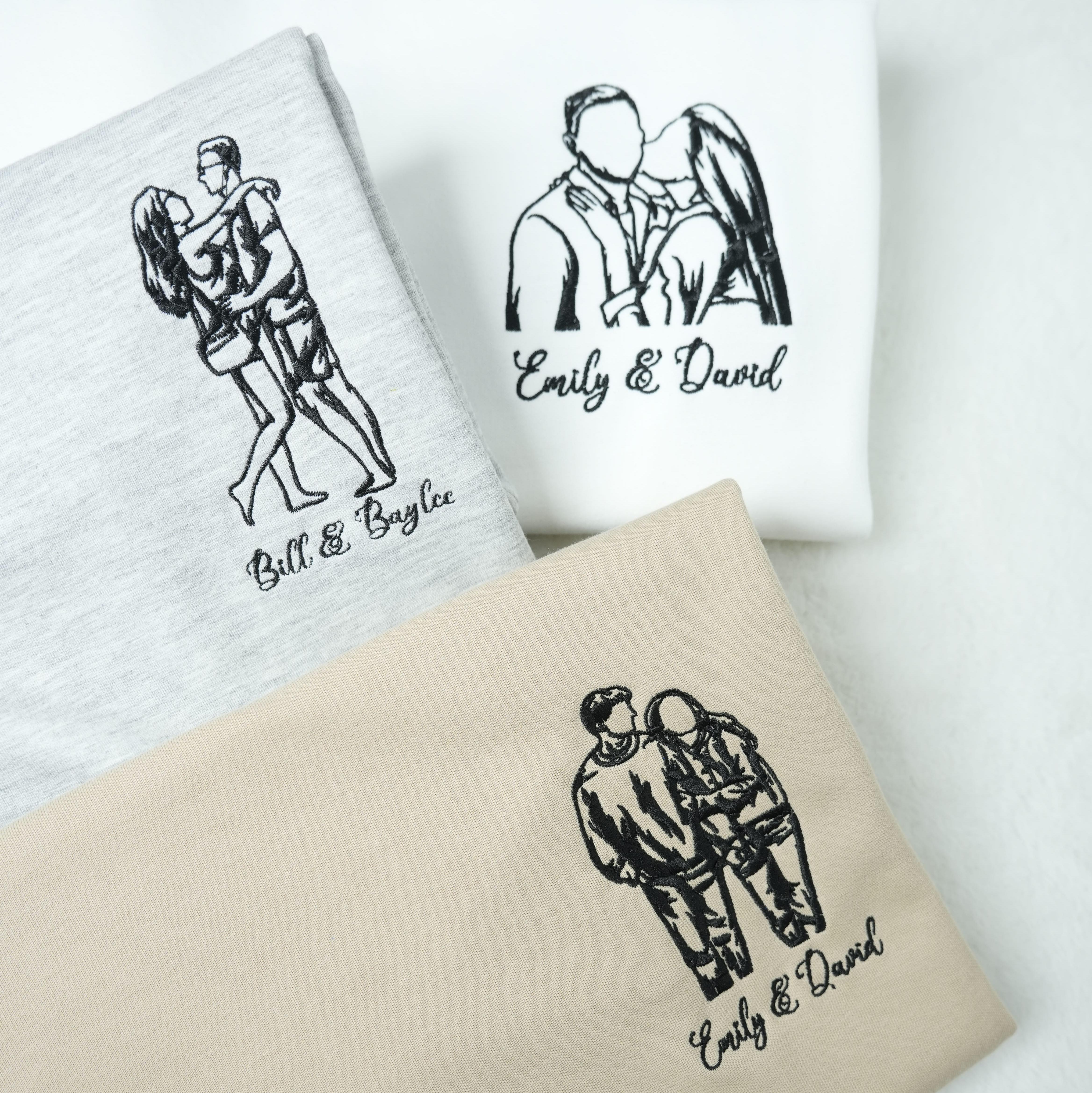 Personalized Couple Sketch Embroidered Sweatshirt – Custom Photo Line Art