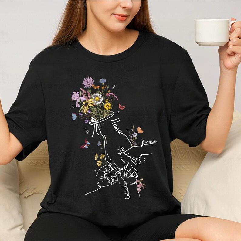 Custom Flower Holding Child's Hand Mother And Grandmother Shirt