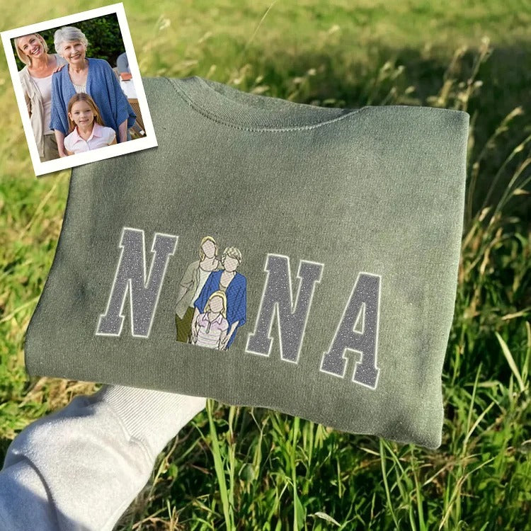 A Glittering Gift for Grandma, Personalized Portrait Sweatshirt with Embroidered Family Photo & Sparkle