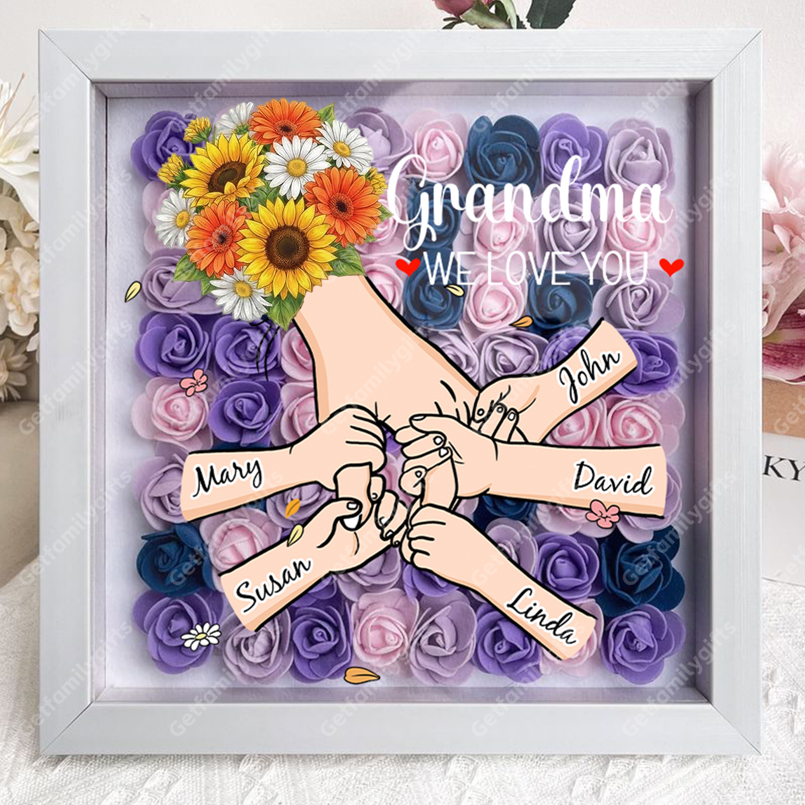 Custom Floral Hand Flower Shadow Box – Holding Hands Frame with Choice of Bouquet, Mother’s Day Gift
