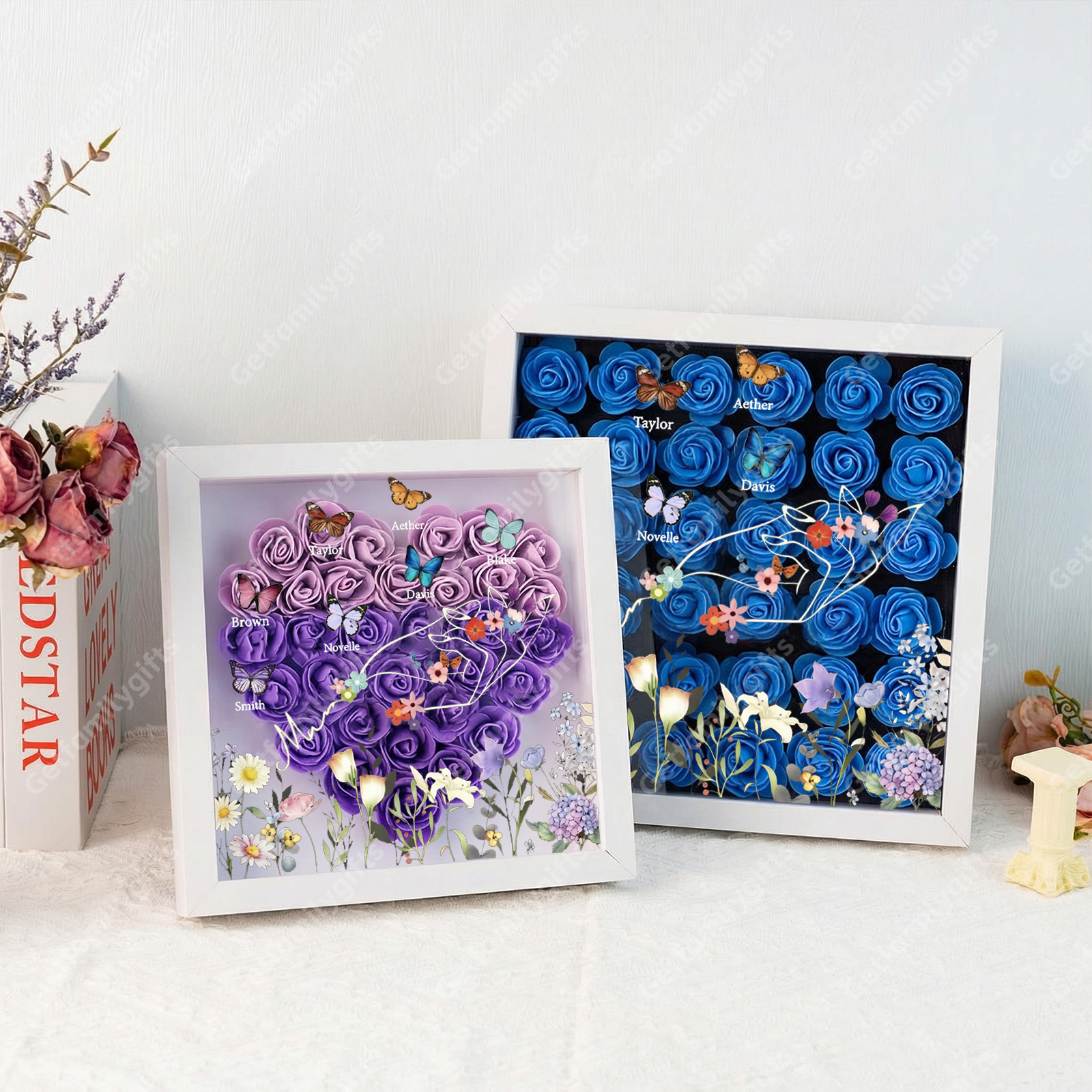 Custom flower shadow box with butterfly kid names-gift for mother's day