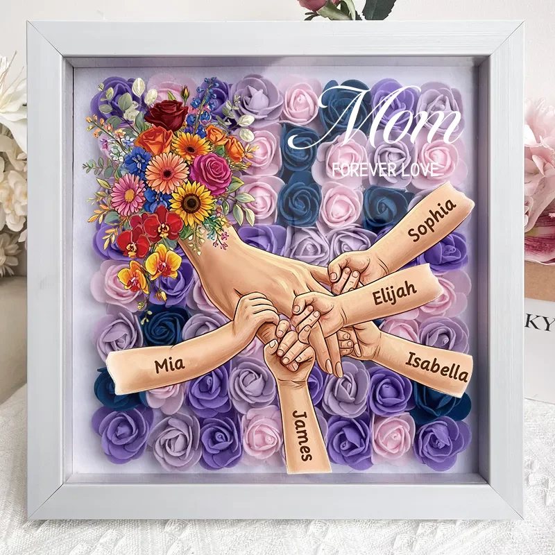 Custom Mommy Holding Hands Shadow Box – Custom Mixed Skin Tone Hands & Kids Names Floral Heart Frame Gift for Mom & Grandma | Mother’s Day Gift