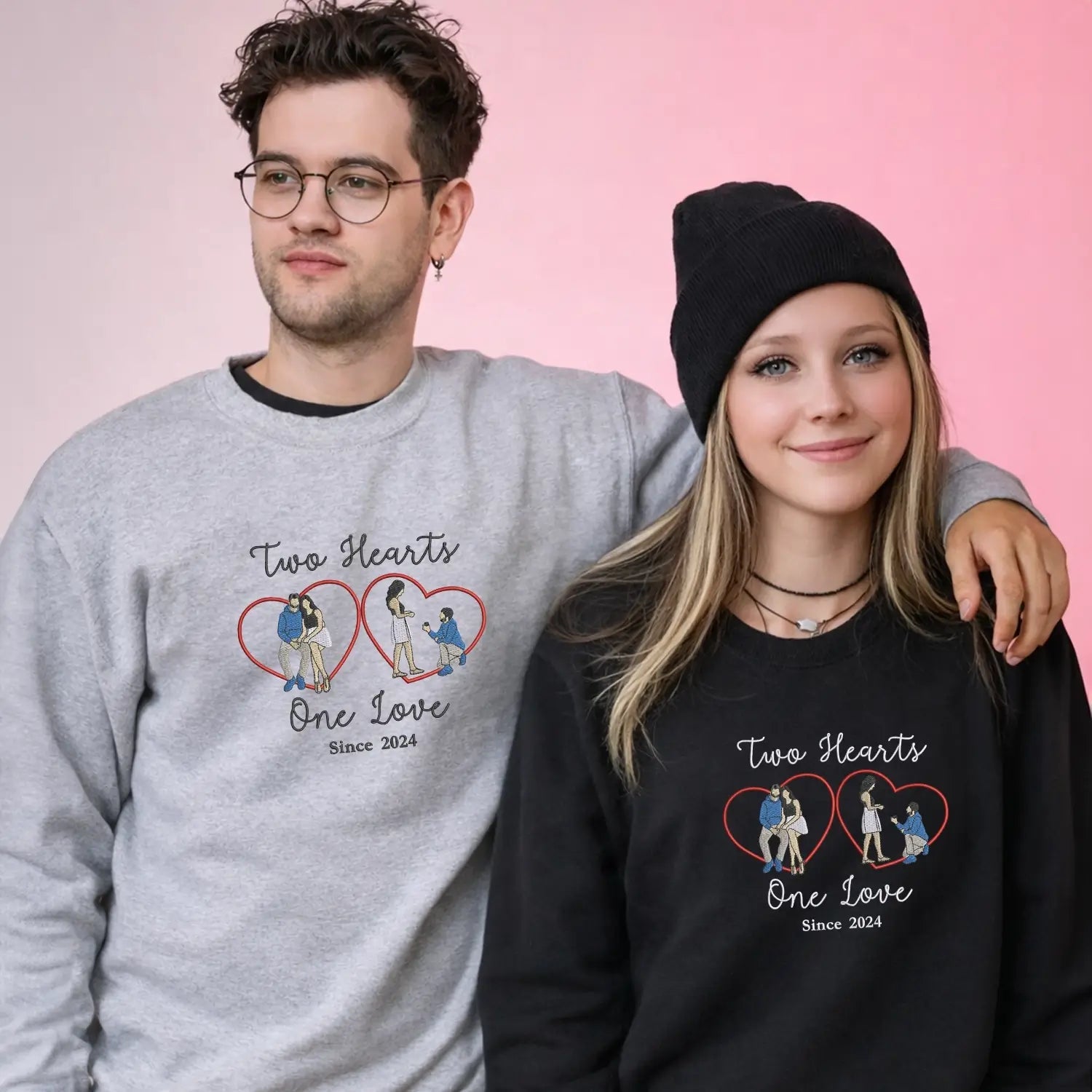 Custom Two Hearts One Love Sweatshirt or Hoodie with Embroidered Portrait from Photo