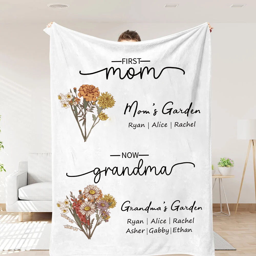 First Mom Now Grandma - Family Personalized Custom FLOWER BLANKET