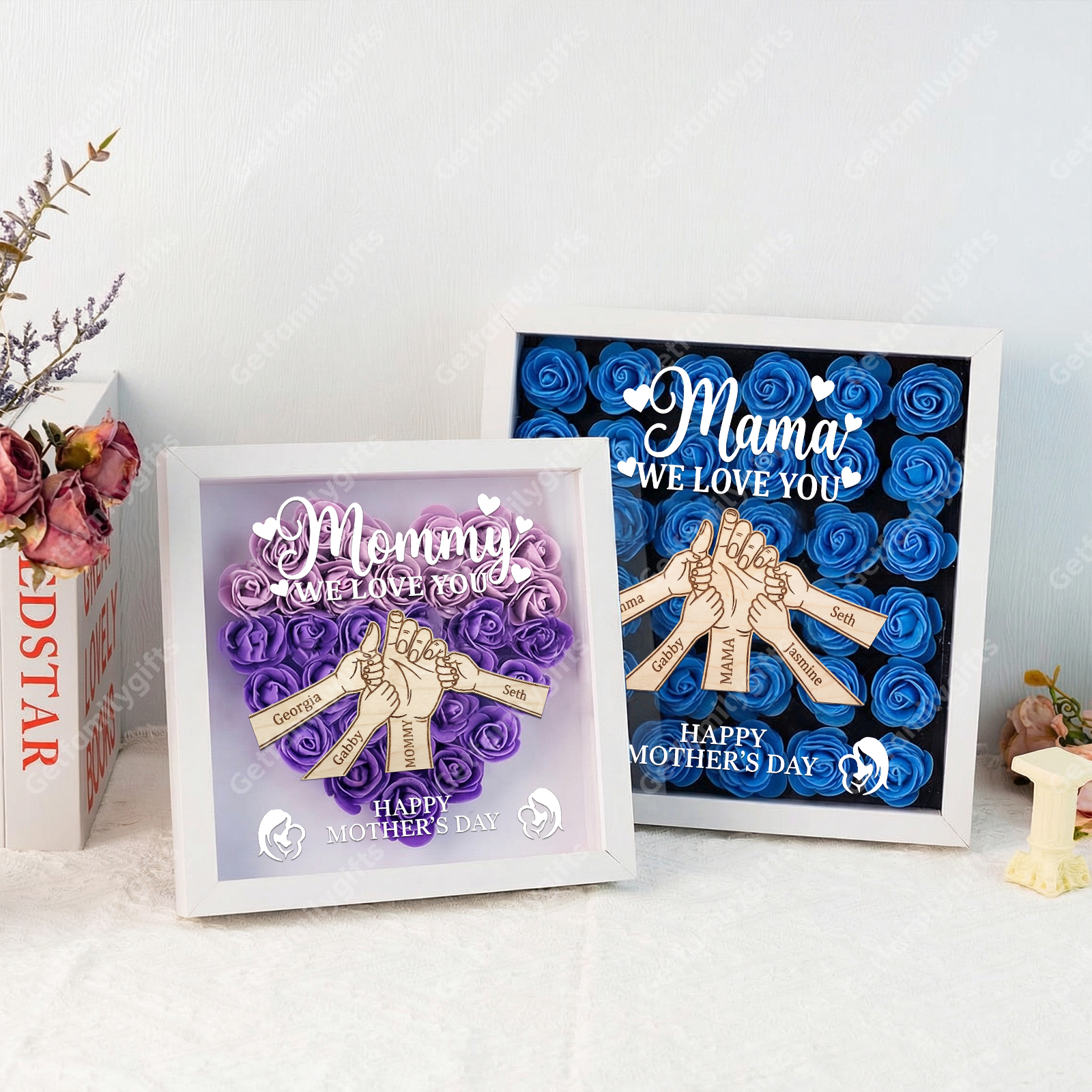 Personalized Mom Hand-in-Hand Shadow Box – Wooden 3D Heart Flower Frame With Kids Names