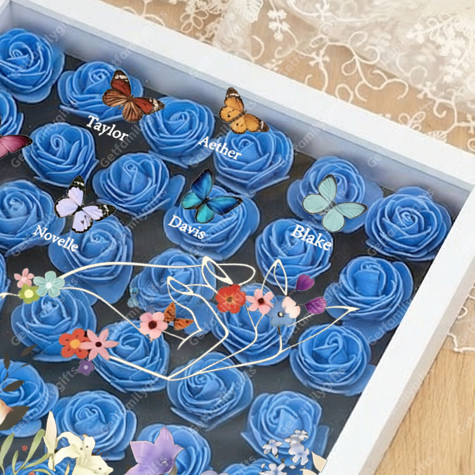 Custom flower shadow box with butterfly kid names-gift for mother's day