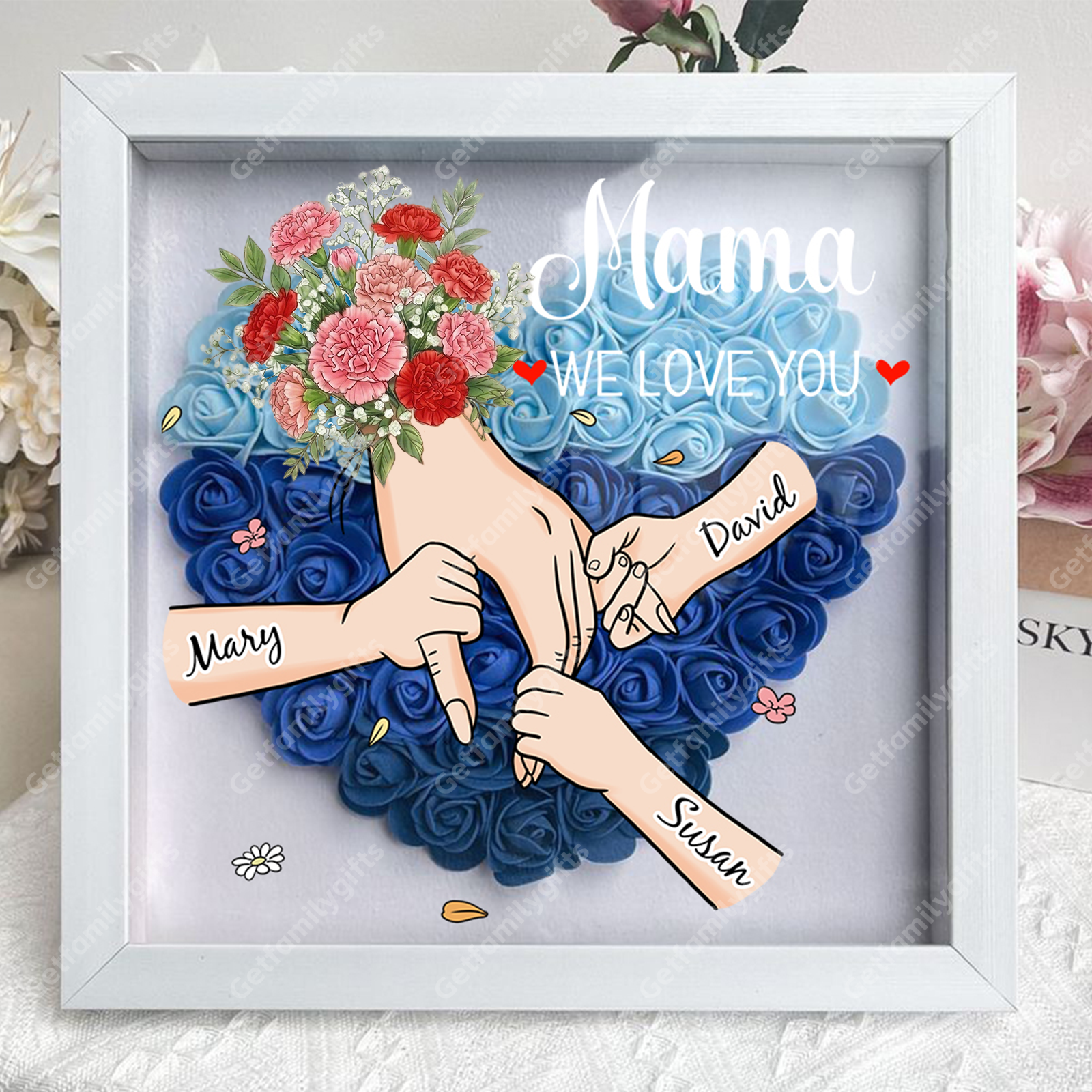 Custom Floral Hand Flower Shadow Box – Holding Hands Frame with Choice of Bouquet, Mother’s Day Gift