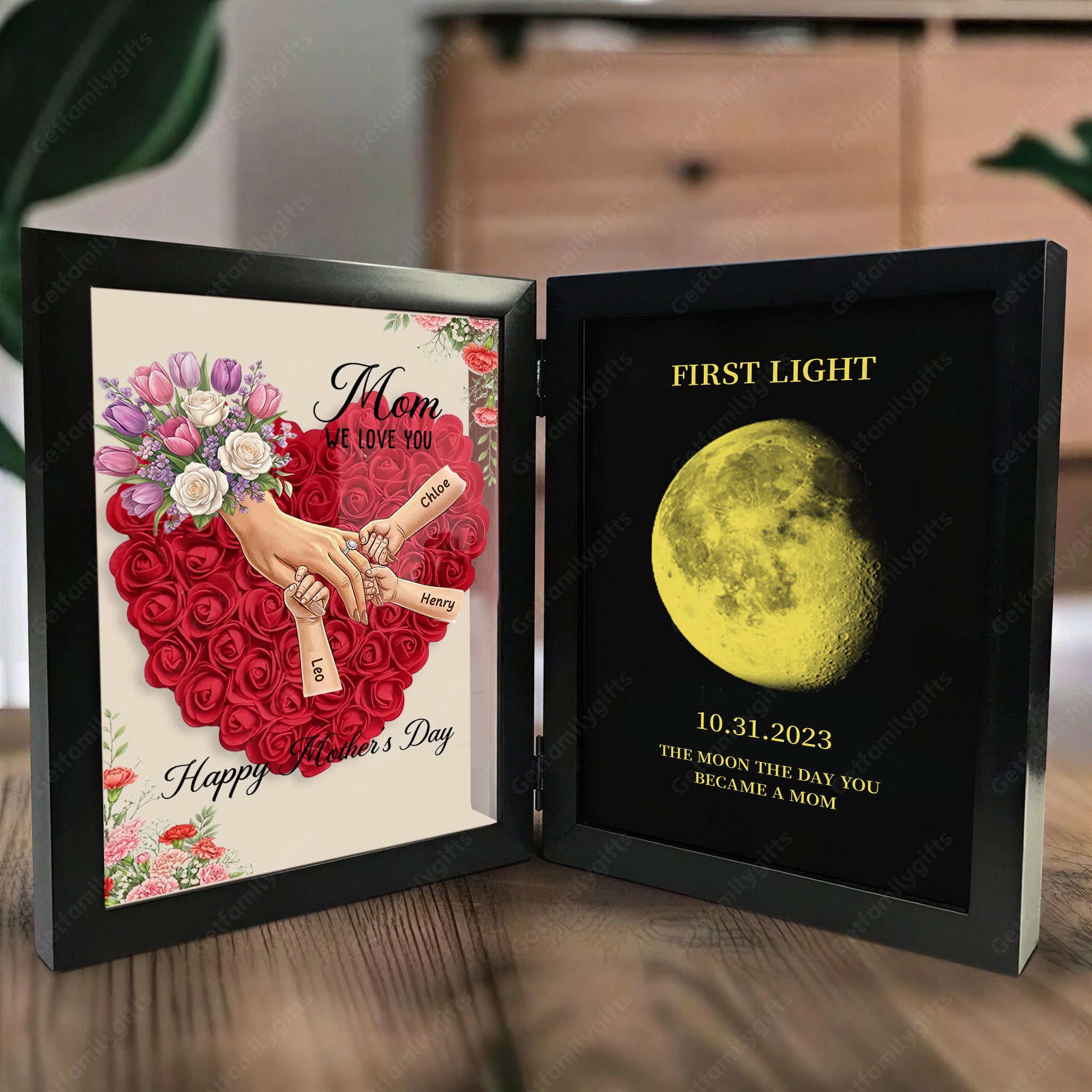 Personalized Mom Holding Hands Folding Flower Shadow Box with Moon Phase -Mother's Day Gift