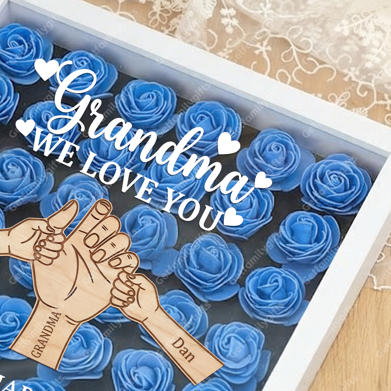 Personalized Mom Hand-in-Hand Shadow Box – Wooden 3D Heart Flower Frame With Kids Names