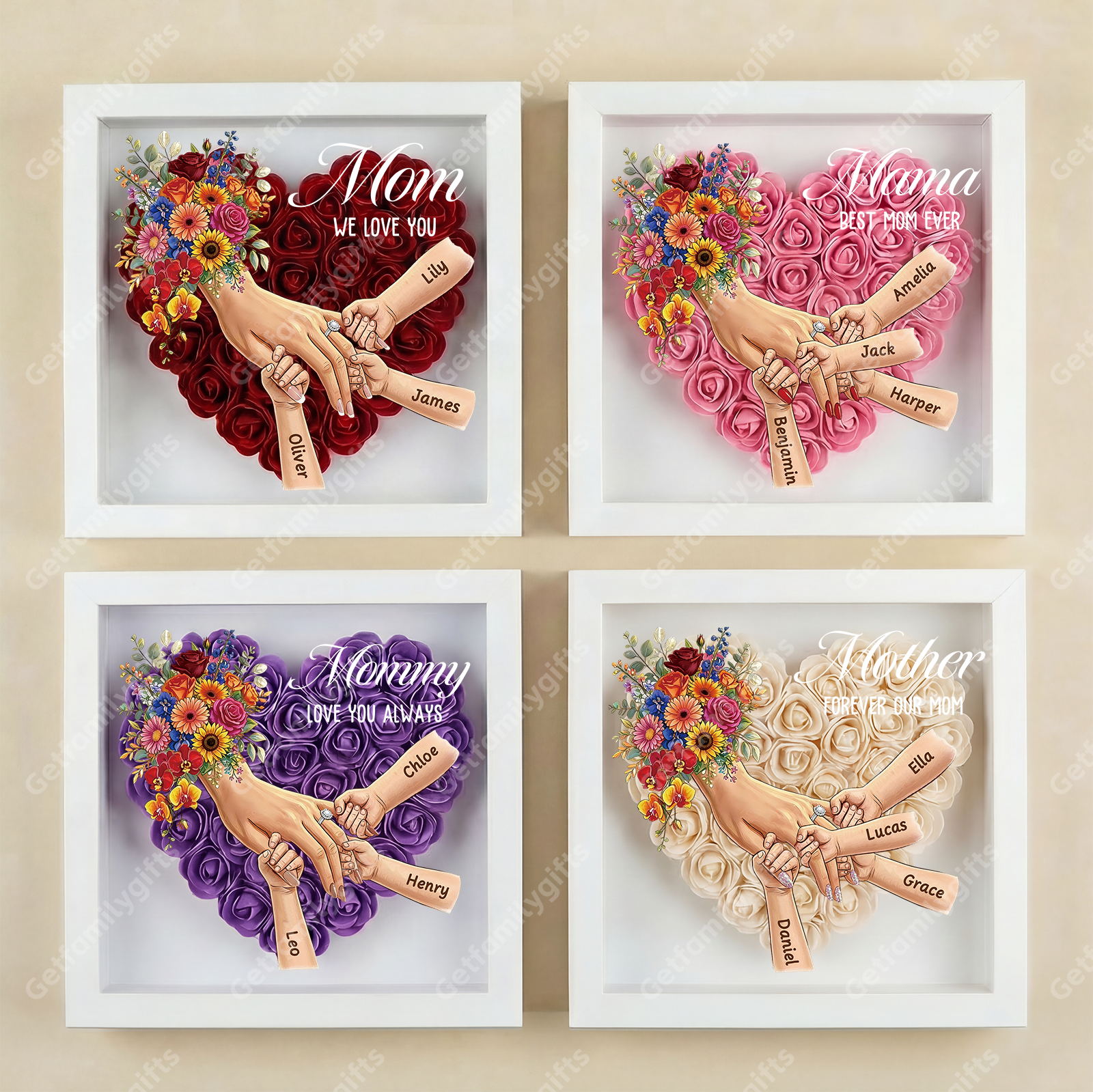 Personalized Mommy Holding Hands Shadow Box with Ring & Manicure – Custom Kids Names Floral Heart Frame, Premium Mother’s Day Gift