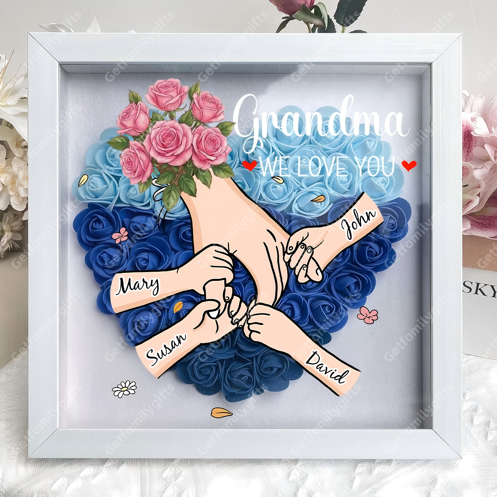 Custom Floral Hand Flower Shadow Box – Holding Hands Frame with Choice of Bouquet, Mother’s Day Gift