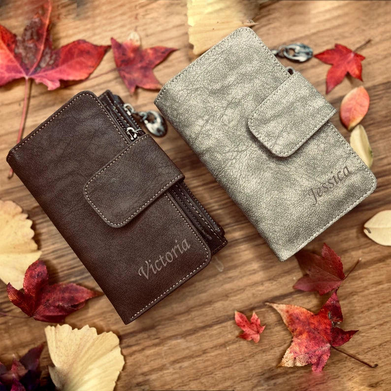 PERSONALIZED MOTHER GIFT, Women's Photo Wallet, Custom Engraved Vegan Leather Long Clutch, Gift For Her
