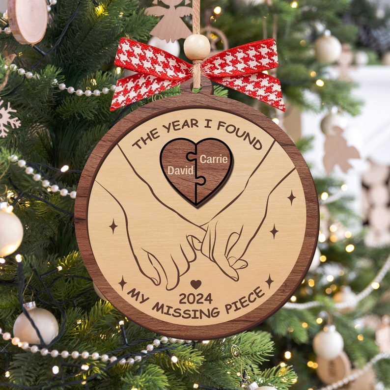 Custom The Year I Found My Missing Piece 2-Layered Wooden Couple Ornament