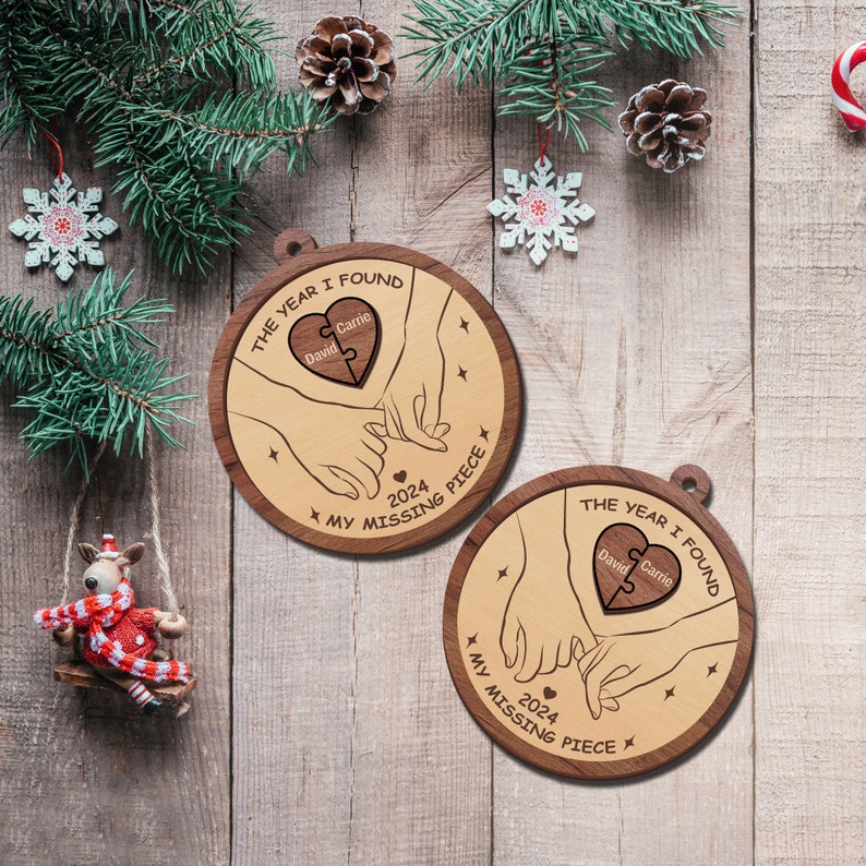 Custom The Year I Found My Missing Piece 2-Layered Wooden Couple Ornament