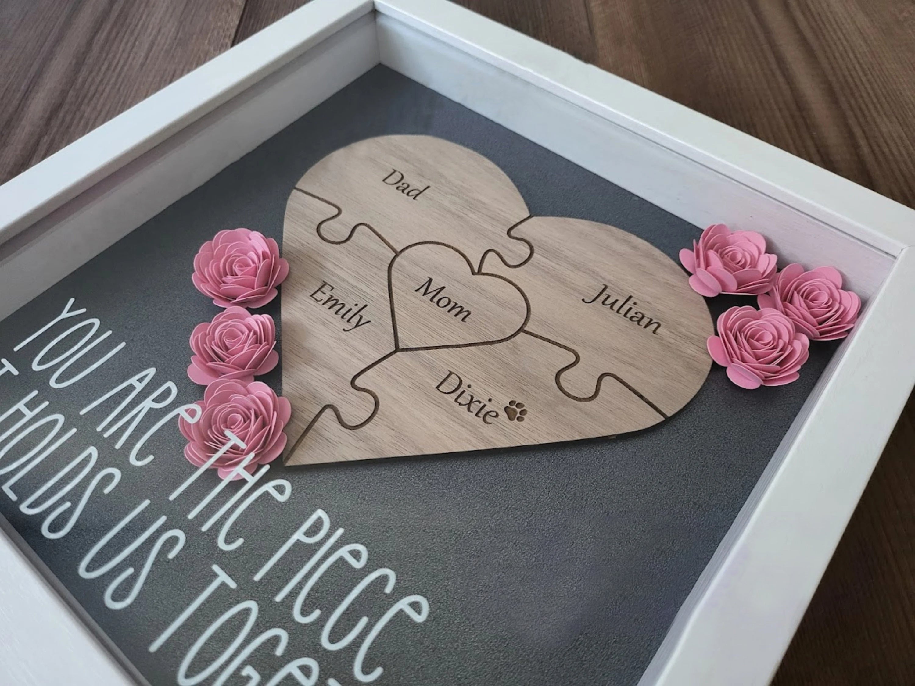 Mother's Day Gift, Personalized Mom Flower Shadow Box, Puzzle Piece Mom Sign, Gift Wrapped
