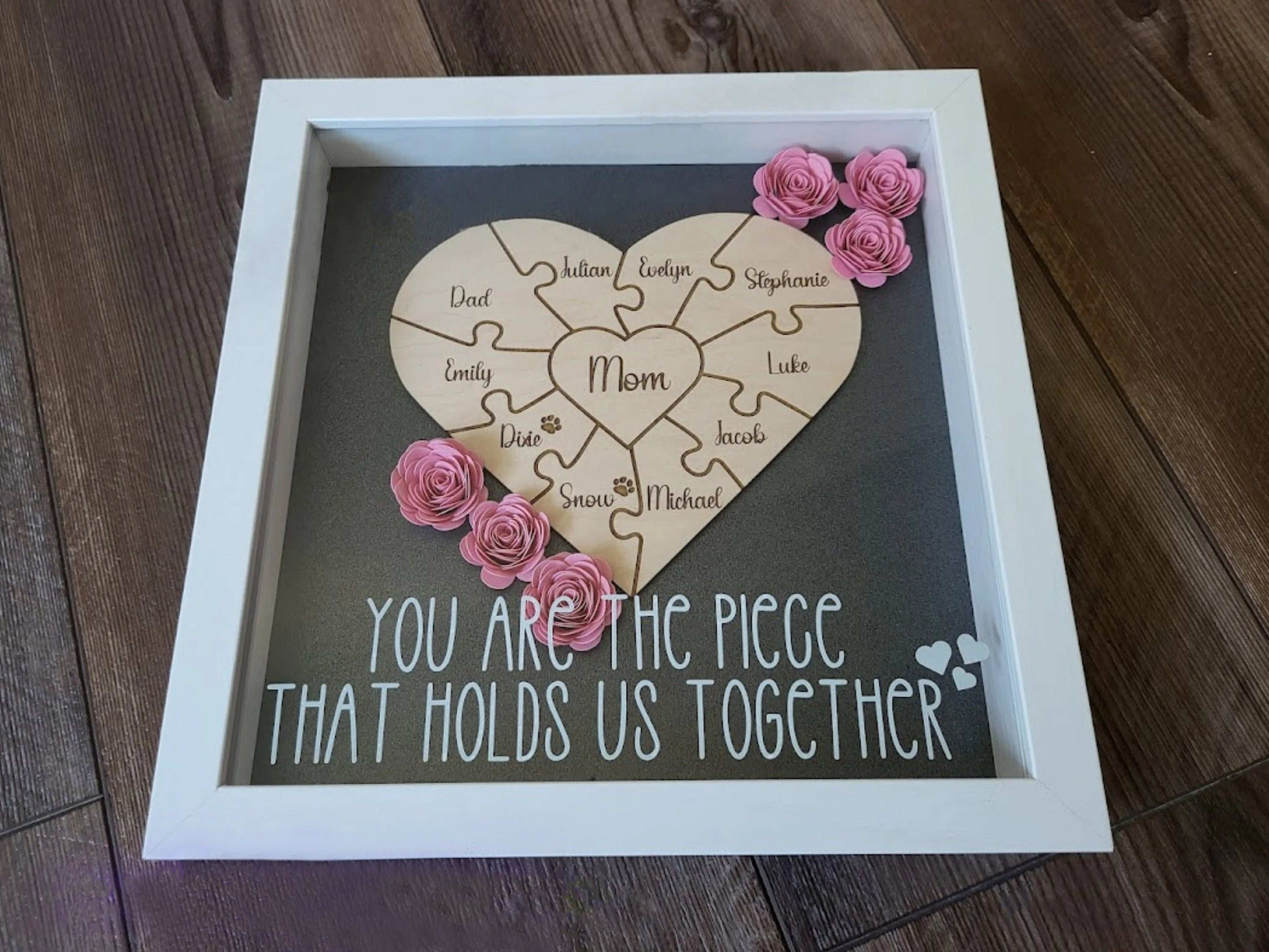 Mother's Day Gift, Personalized Mom Flower Shadow Box, Puzzle Piece Mom Sign, Gift Wrapped