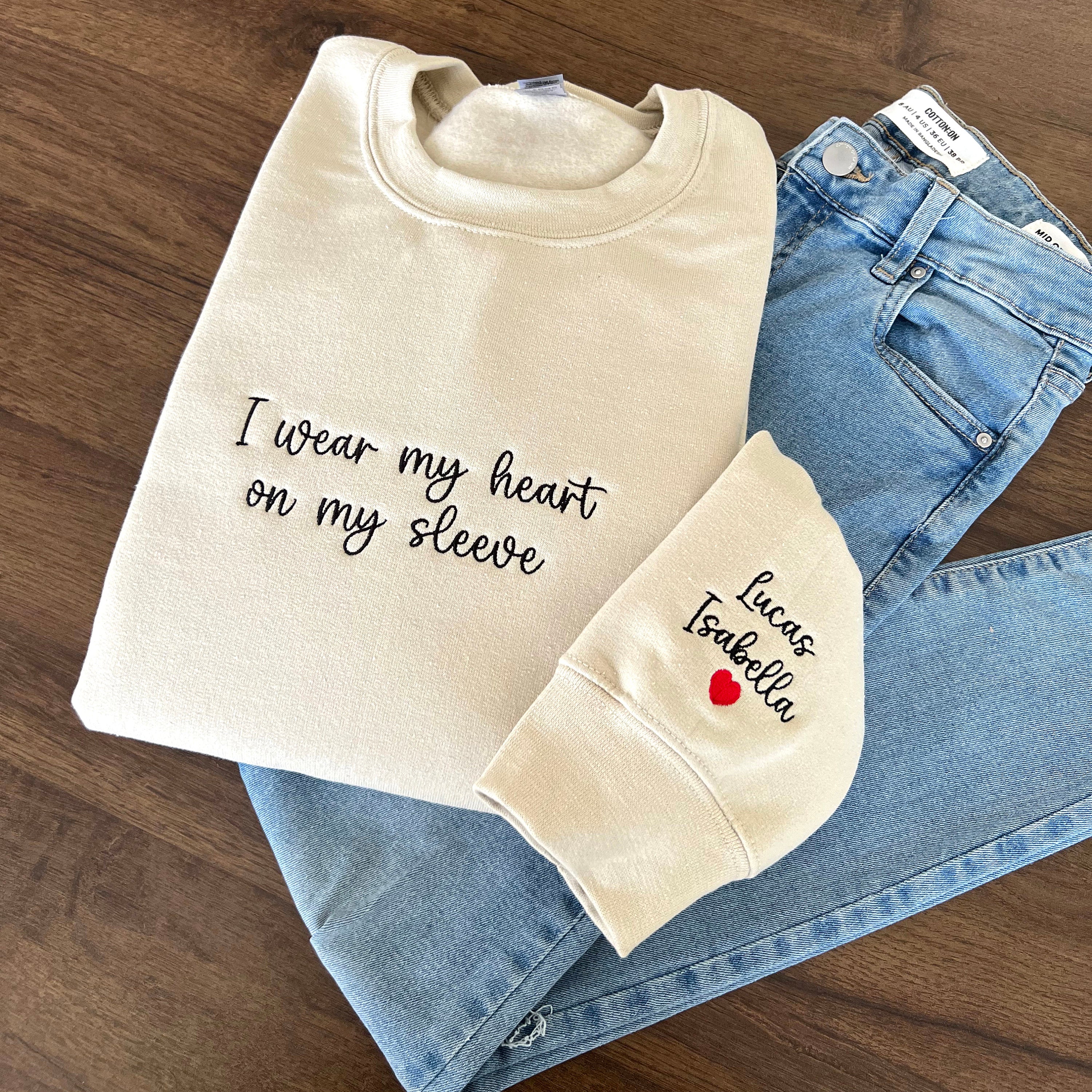 I Wear My Heart On My Sleeve, Embroidered Custom Mama Shirt With Kids Names, Pregnancy Reveal Hoodie Gift For New Mom, Mother's Day Gift