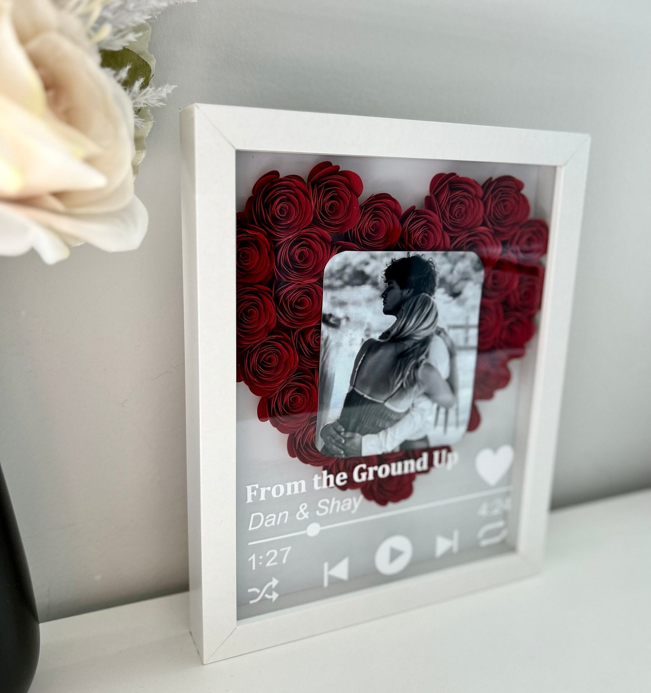 Personalized Roses Flower Shadow Box With Couple Photo For Wedding Anniversary Valentine's Day