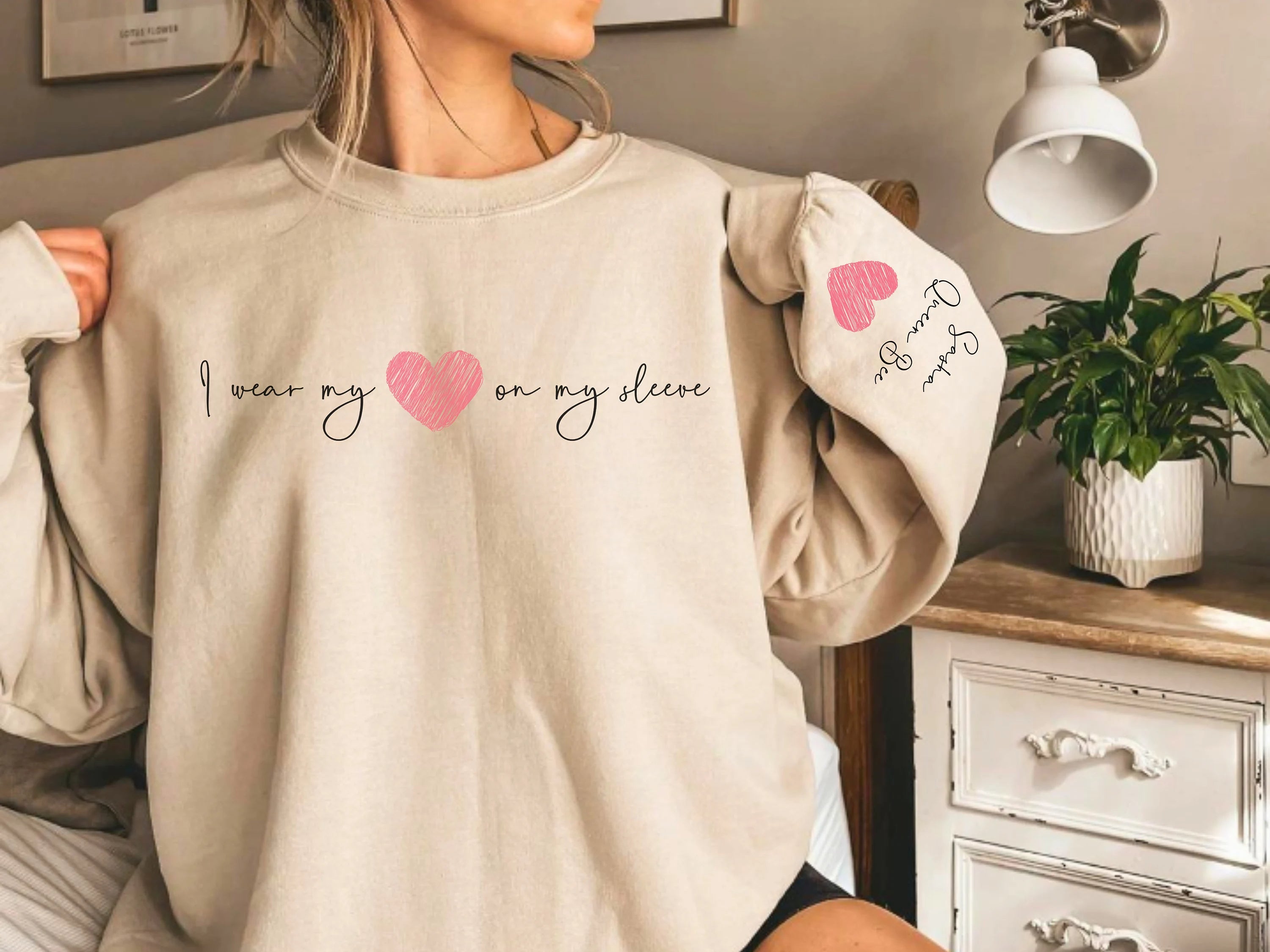 I Wear My Heart On My Sleeve,Mama Sweatshirt,Mothers Day Gift,Kids Names On Sleeve