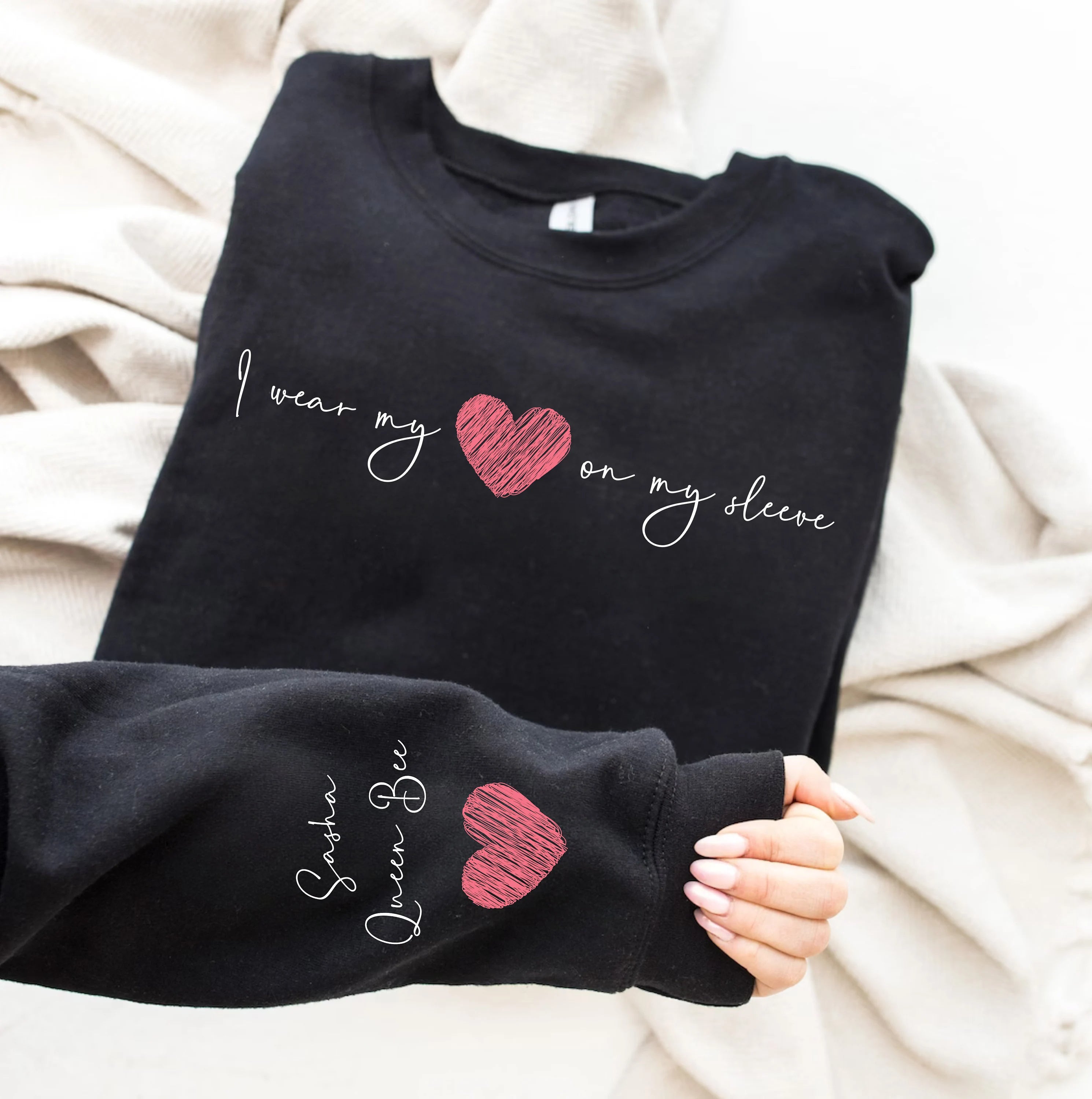 I Wear My Heart On My Sleeve,Mama Sweatshirt,Mothers Day Gift,Kids Names On Sleeve