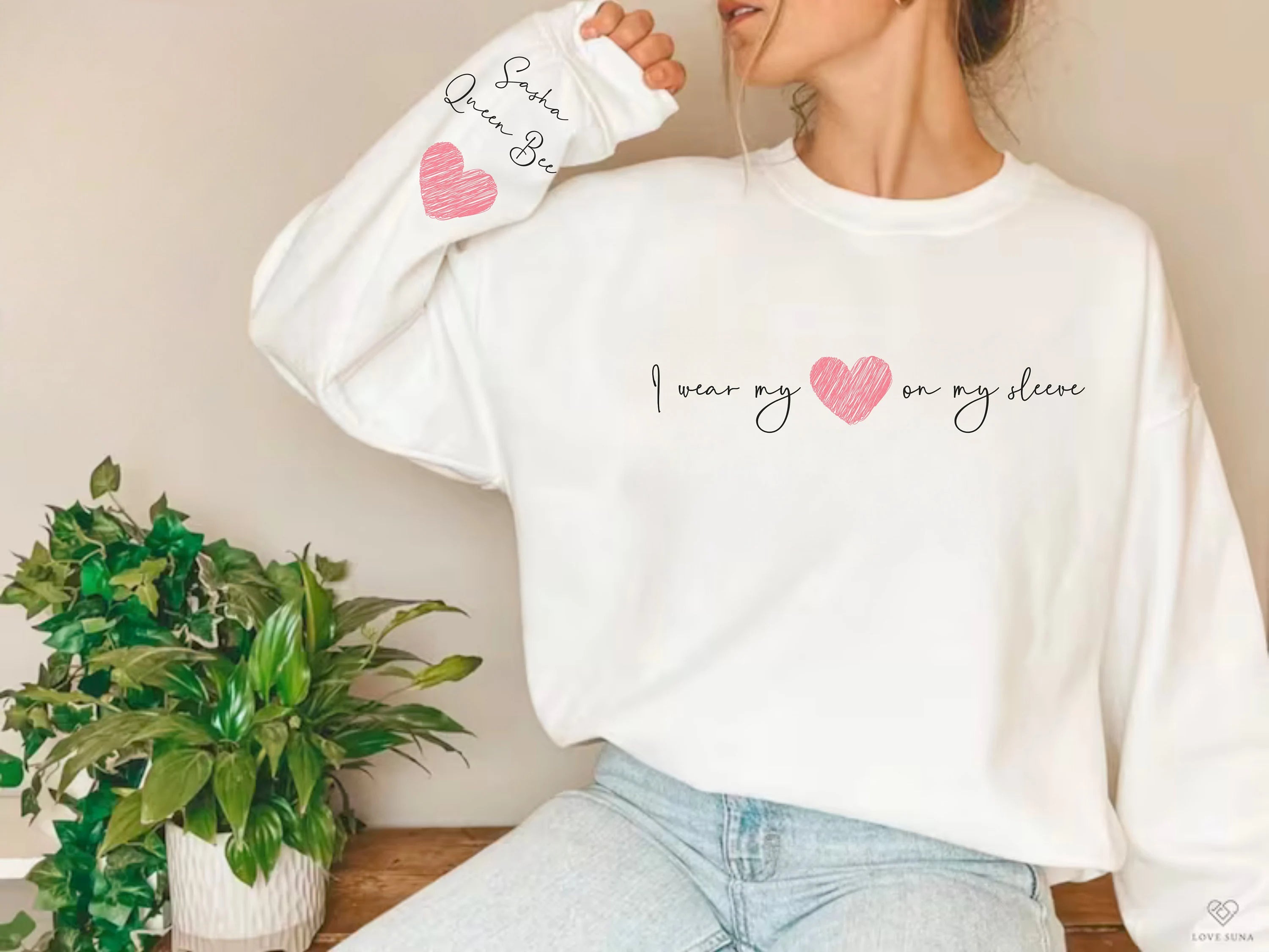 I Wear My Heart On My Sleeve,Mama Sweatshirt,Mothers Day Gift,Kids Names On Sleeve
