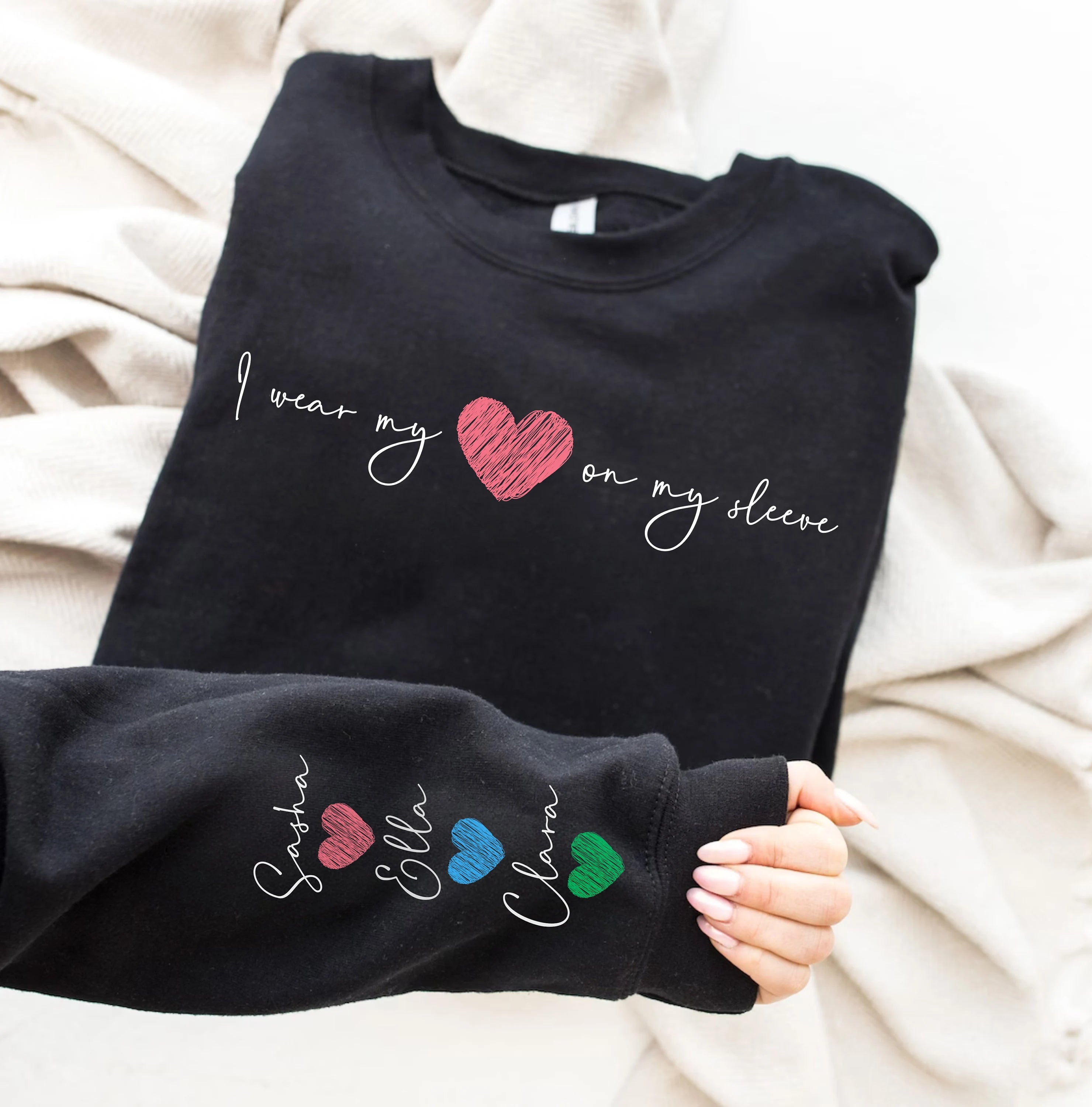 I Wear My Heart On My Sleeve,Mama Sweatshirt,Mothers Day Gift,Kids Names On Sleeve