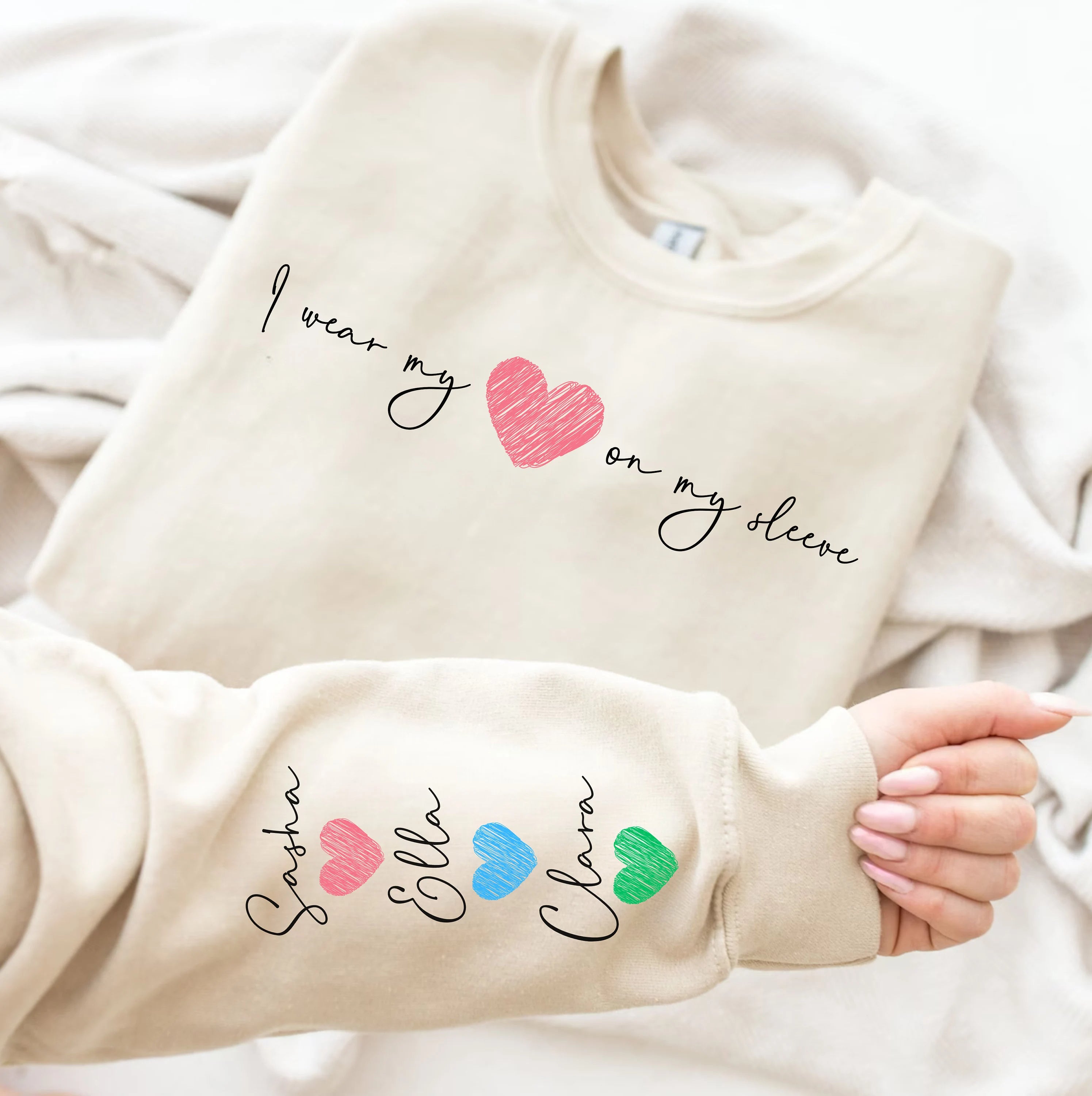 I Wear My Heart On My Sleeve,Mama Sweatshirt,Mothers Day Gift,Kids Names On Sleeve