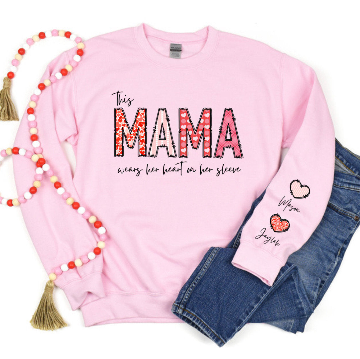 Personalized This MAMA Wears Her Heart on Her Sleeve Sweatshirt with Kid Names-Mother's Day Sale!Free Shipping!