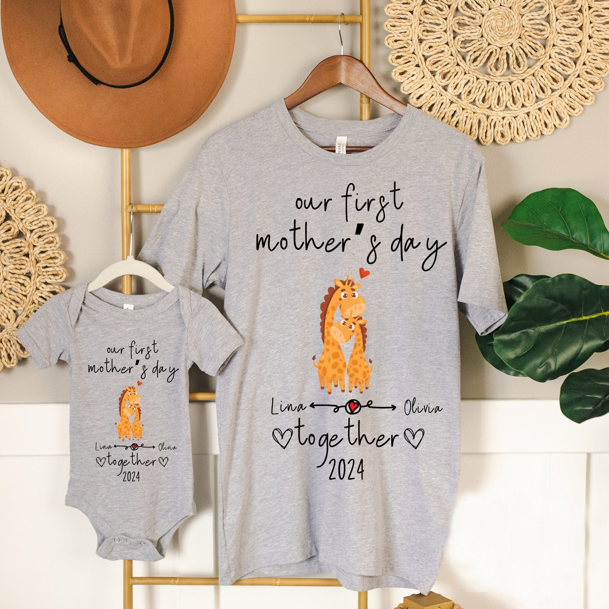 Our First Mother's Day Together Custom Baby and Mommy Names Cute Giraffes Shirt Onesie Matching Gift Tee Set