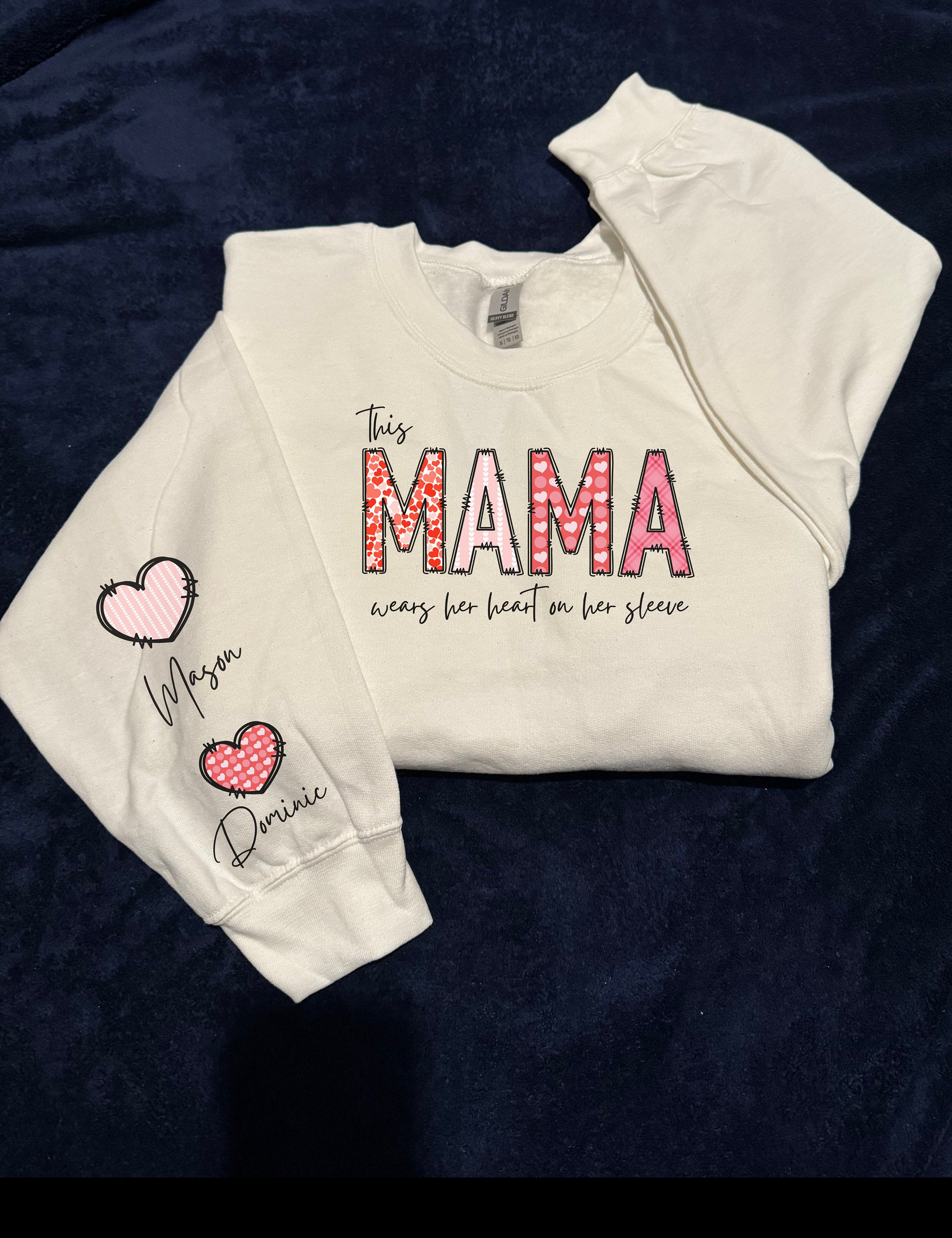 Personalized This MAMA Wears Her Heart on Her Sleeve Sweatshirt with Kid Names-Mother's Day Sale!Free Shipping!