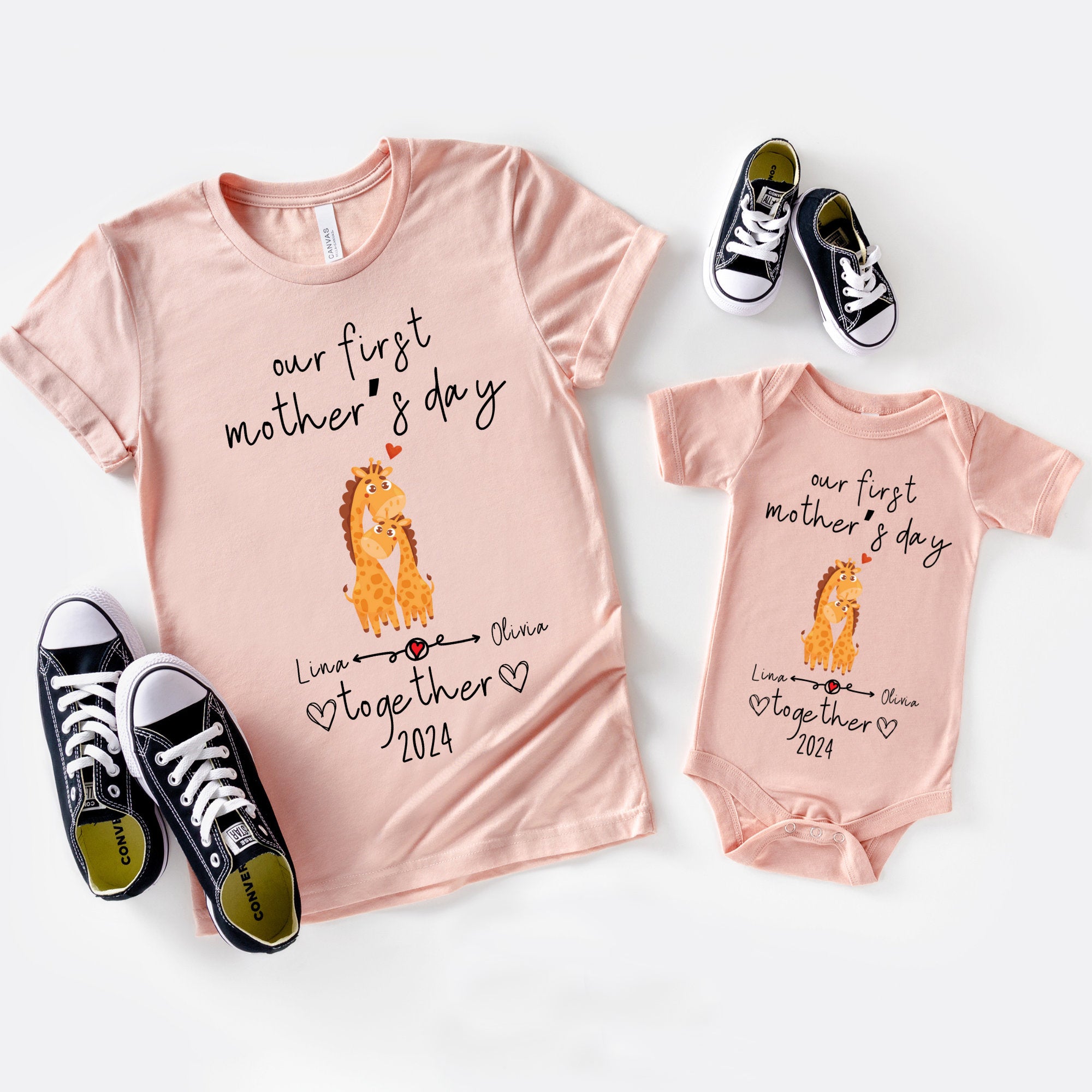 Our First Mother's Day Together Custom Baby and Mommy Names Cute Giraffes Shirt Onesie Matching Gift Tee Set