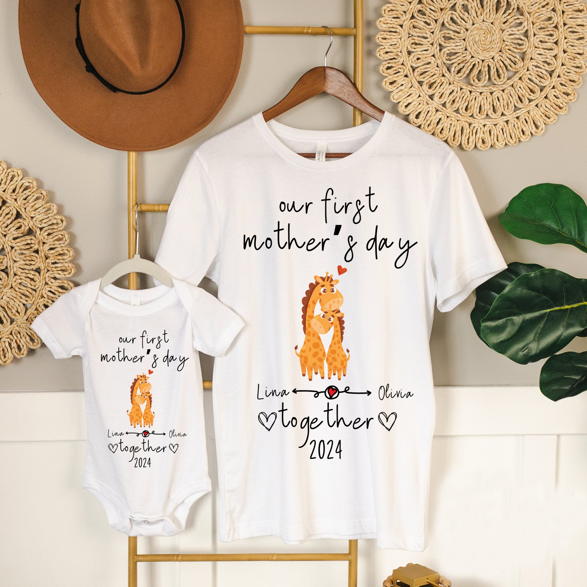 Our First Mother's Day Together Custom Baby and Mommy Names Cute Giraffes Shirt Onesie Matching Gift Tee Set
