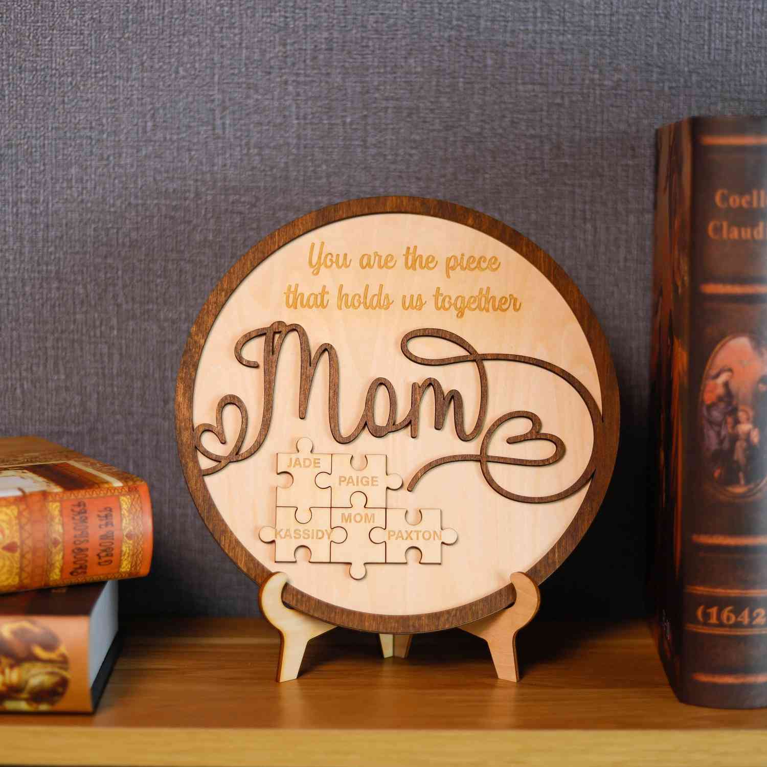 Personalized Mom Puzzle Piece Round Sign,Engraved Mom Wood Sign for Mom Grandma