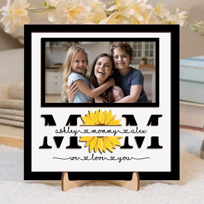 Personalized Family Photo Wooden Sign, Mom Flower Sign, Custom Kid Names Sign