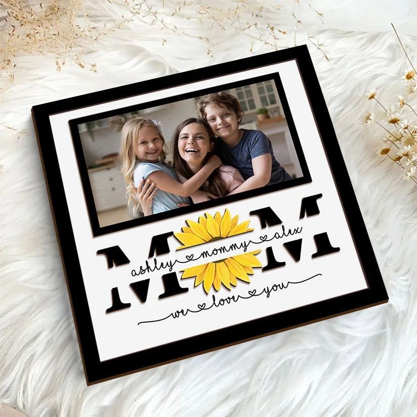 Personalized Family Photo Wooden Sign, Mom Flower Sign, Custom Kid Names Sign