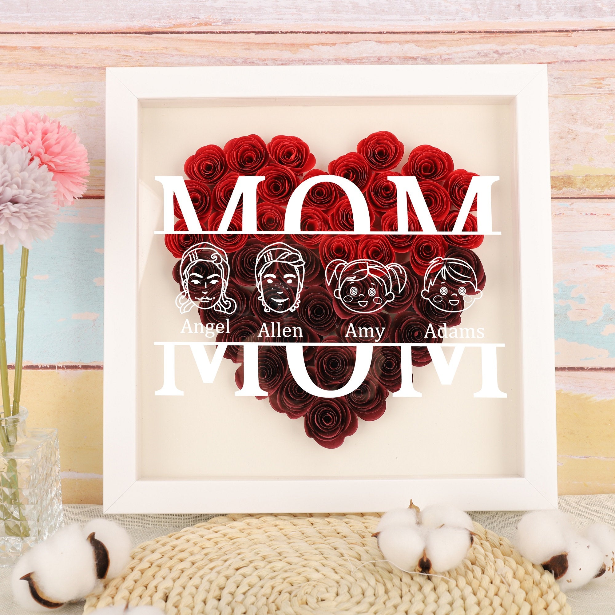 Mom Heart Shadowbox Frame Gift,Personalized Roses Shadow Box,Mother’s Day Gift