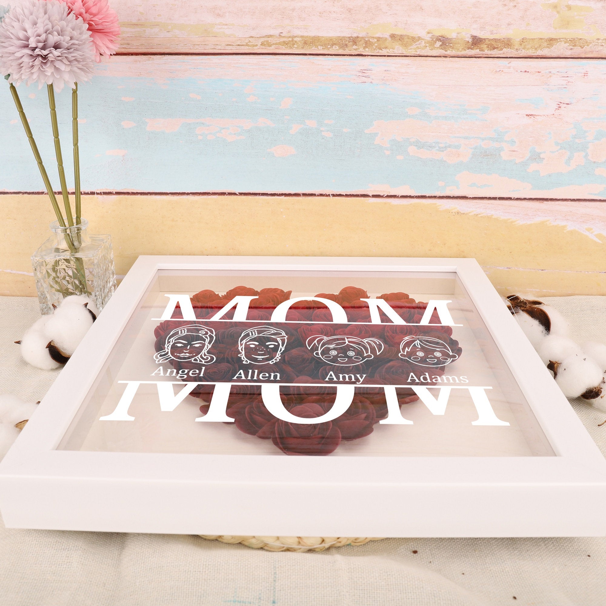 Mom Heart Shadowbox Frame Gift,Personalized Roses Shadow Box,Mother’s Day Gift