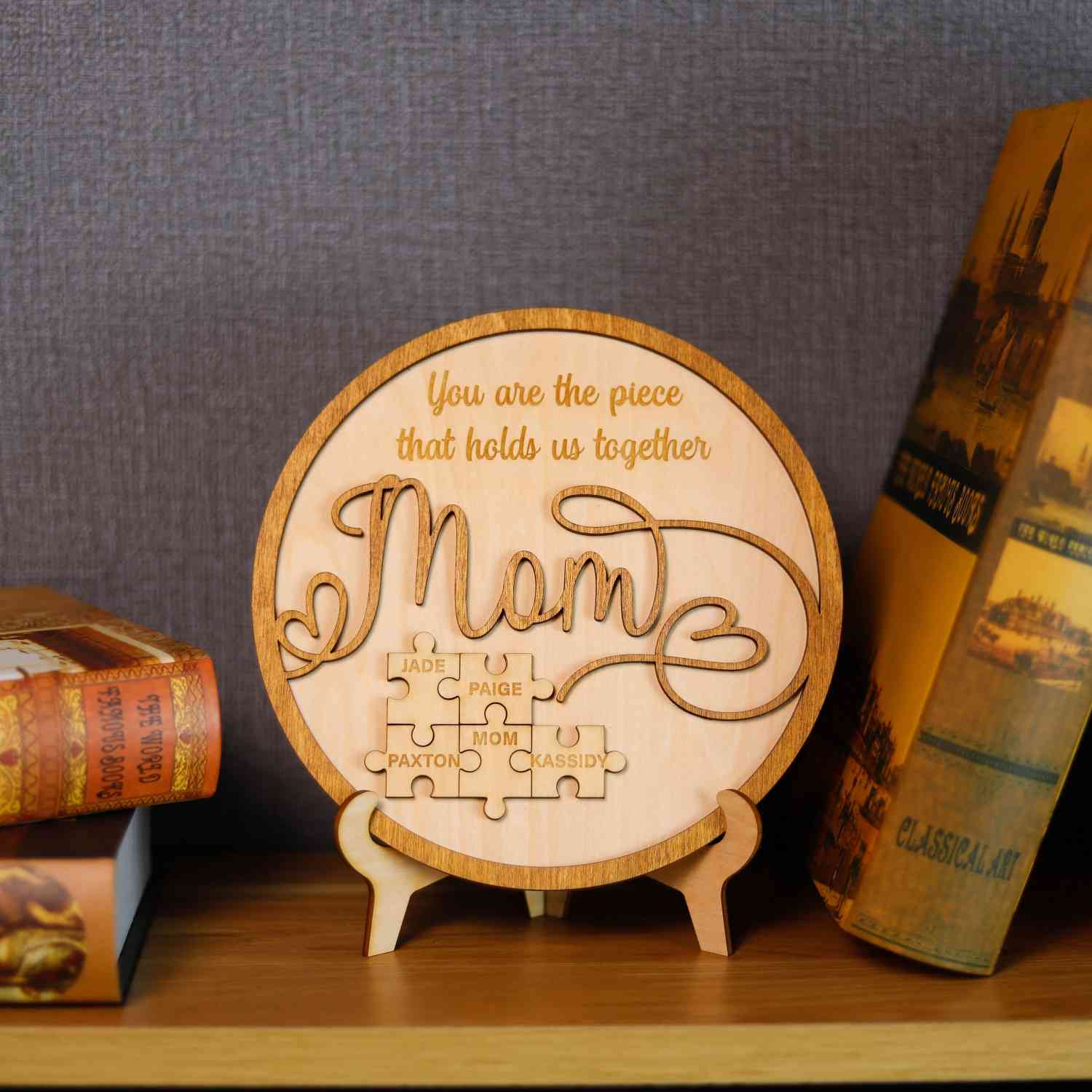 Personalized Mom Puzzle Piece Round Sign,Engraved Mom Wood Sign for Mom Grandma